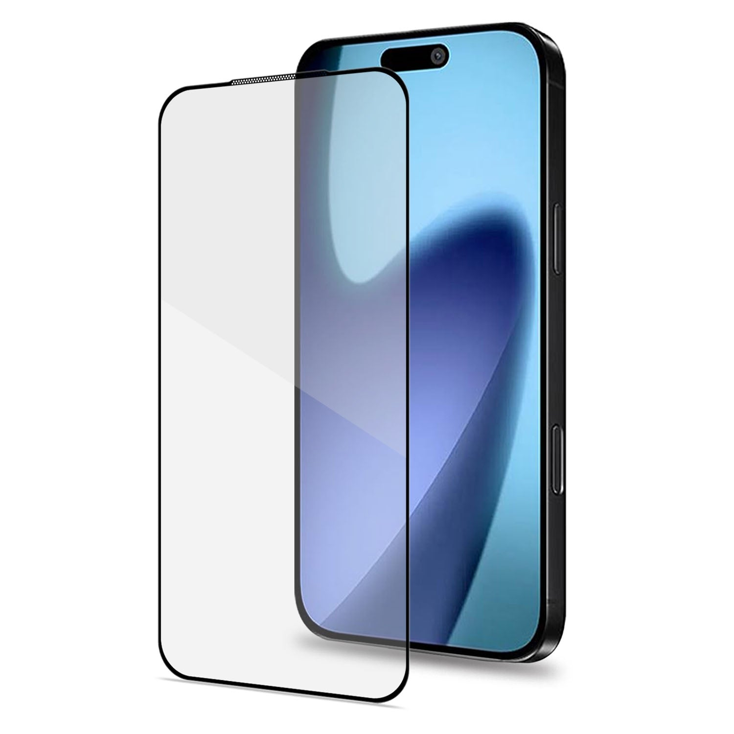 Una protezione schermo in vetro giace accanto a uno smartphone con sfondo blu.