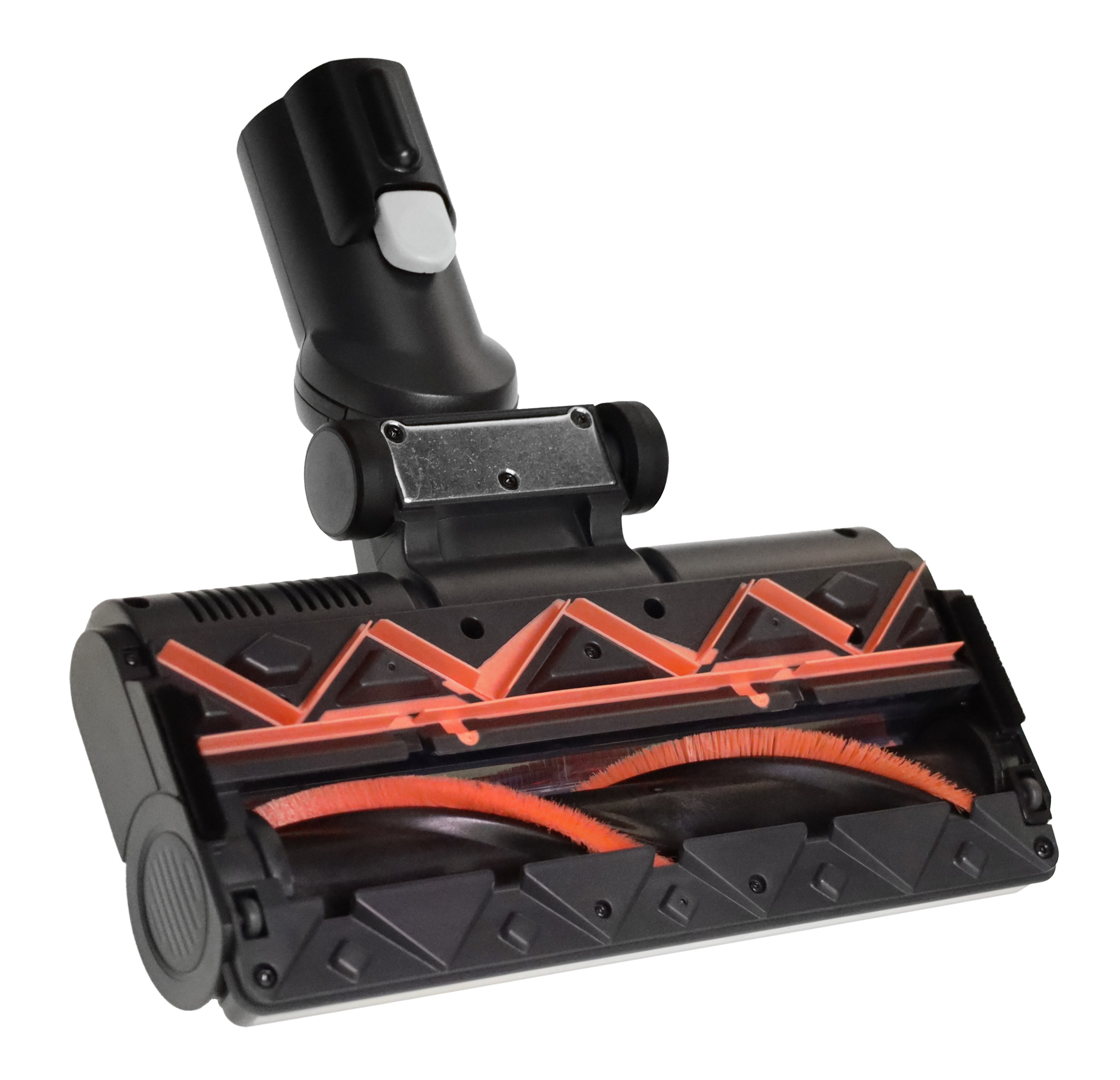 Schwarzer Staubsaugerkopf mit orangen Borsten und Klick-Mechanismus.