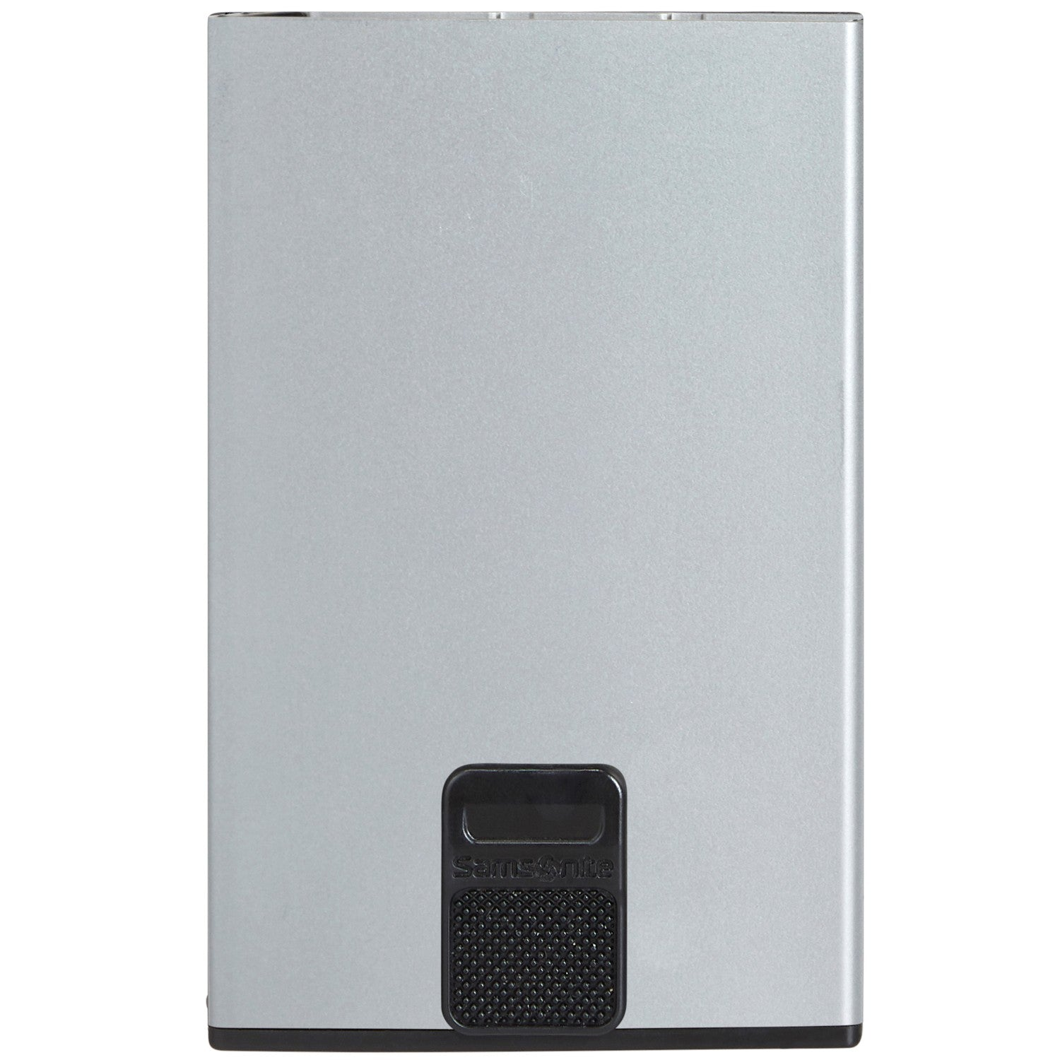 Tarjetero Samsonite plateado con detalle texturizado negro y logo.