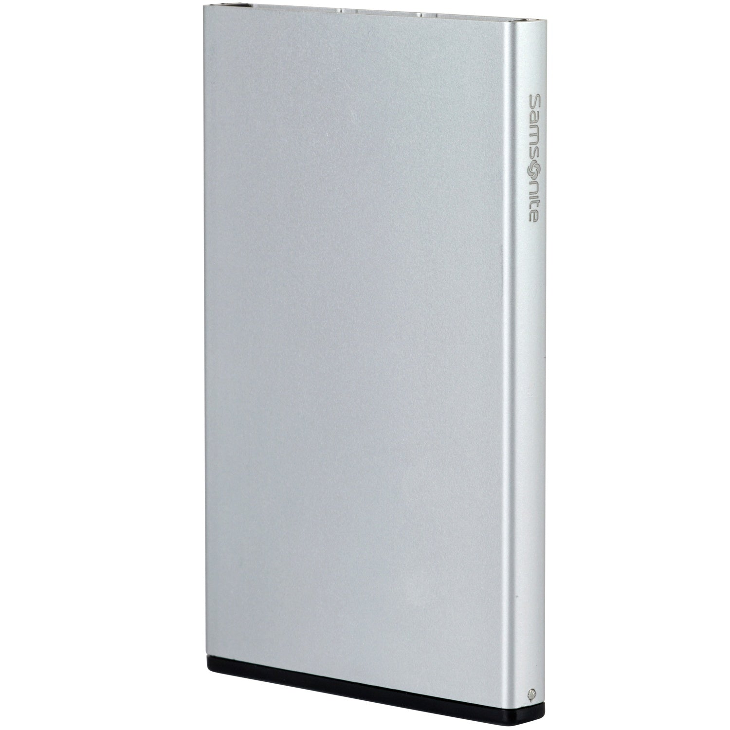 Una maleta plateada Samsonite con base negra.