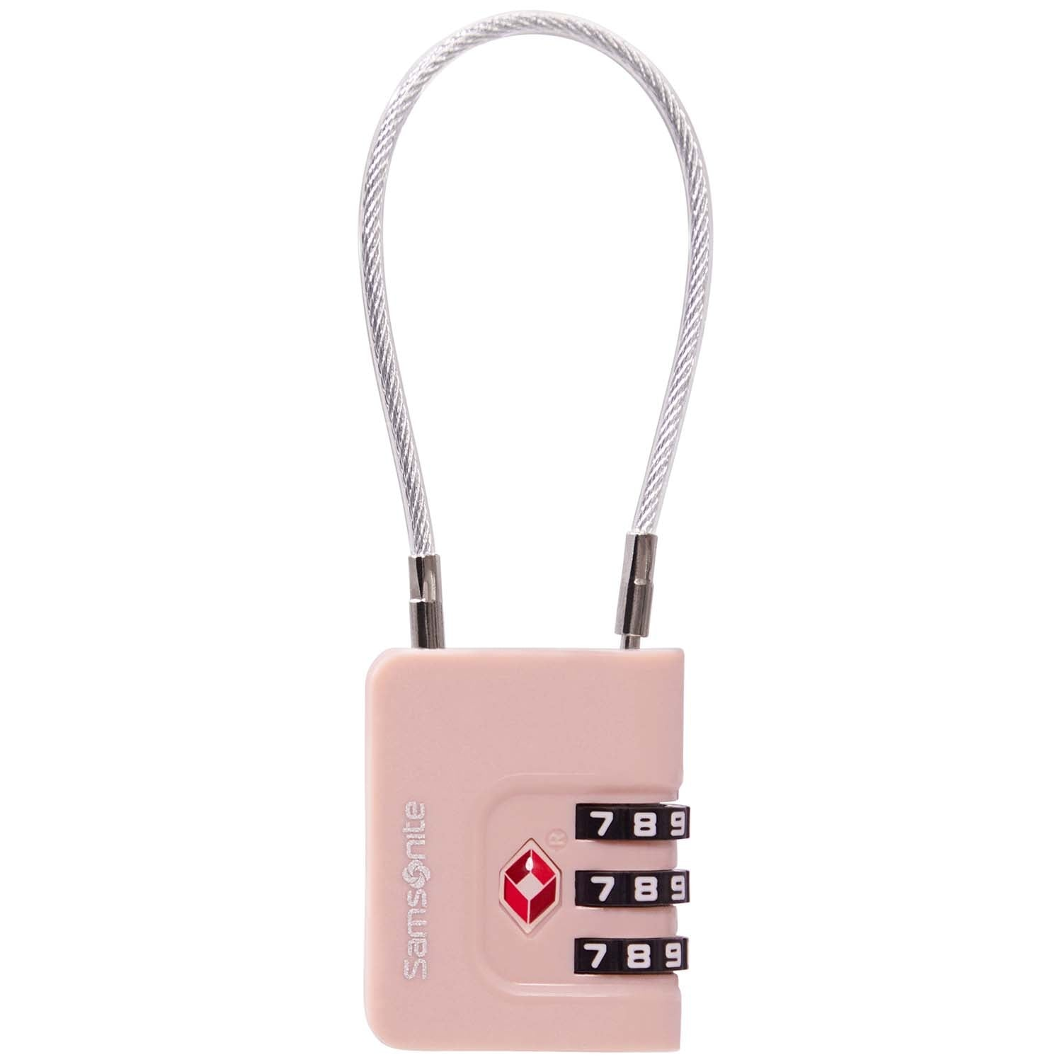 Un candado de combinación Samsonite rosa con cable plateado sobre fondo blanco.