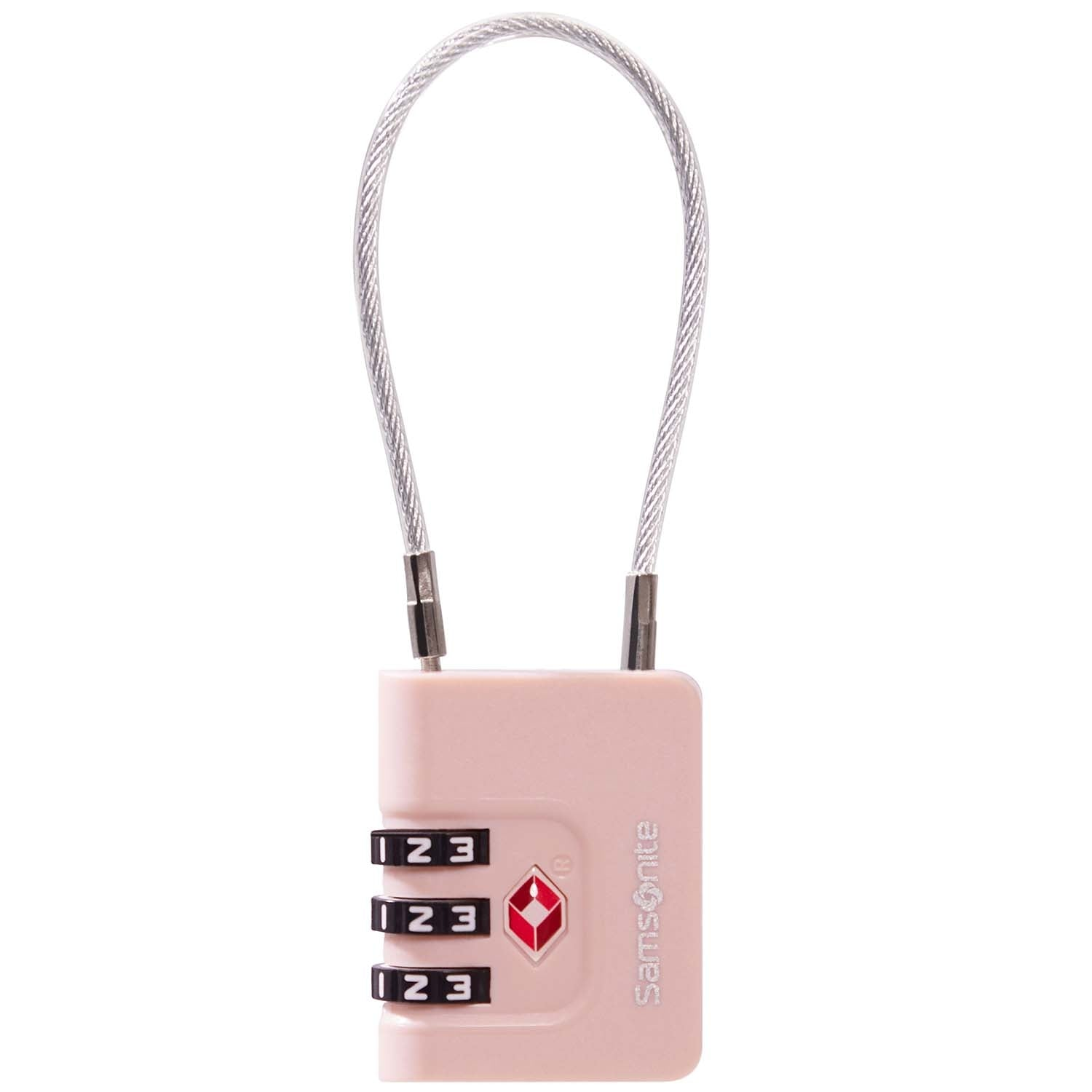 Un candado de combinación rosa Samsonite para equipaje con cable plateado.