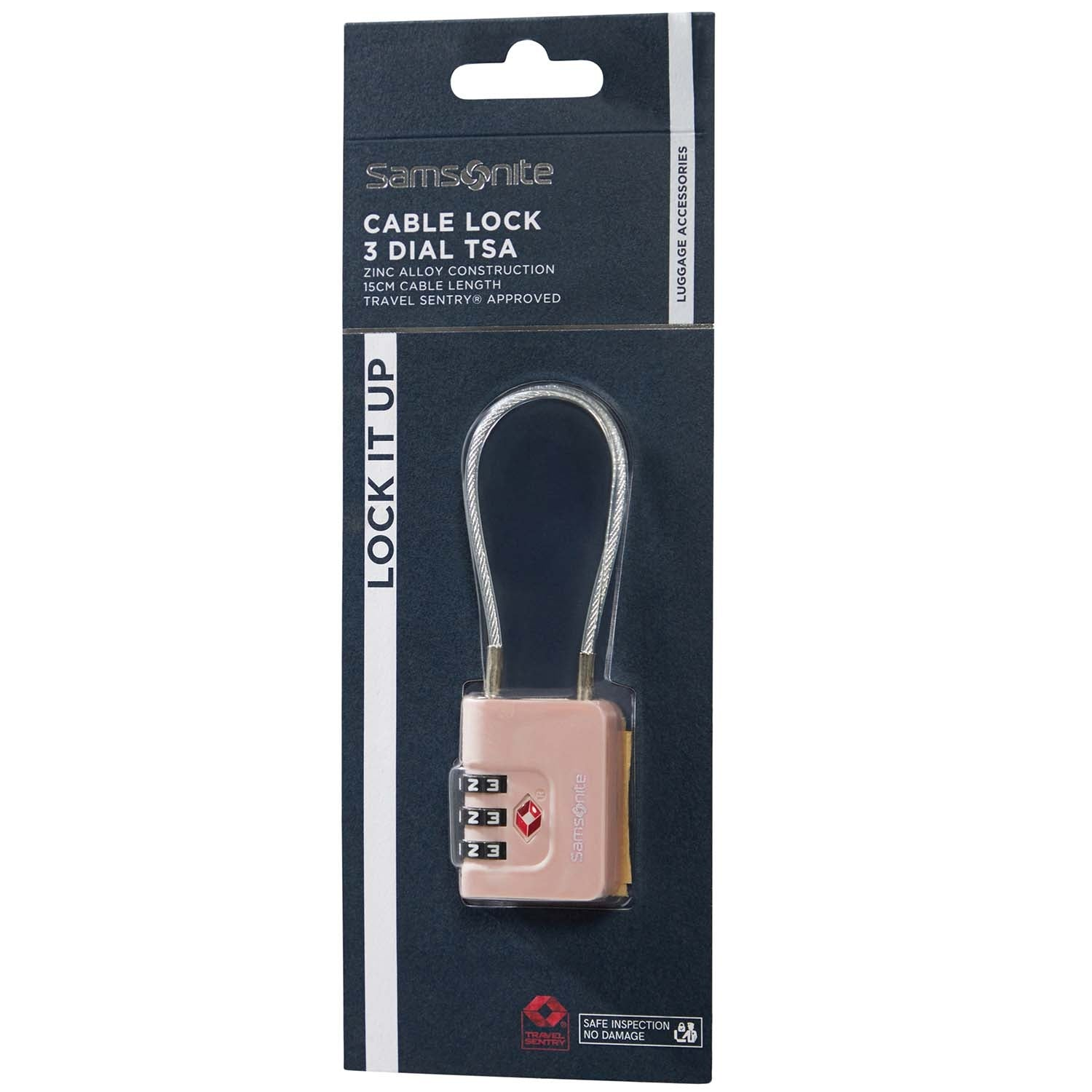 Un candado de cable TSA Samsonite rosa de 3 dial en embalaje.