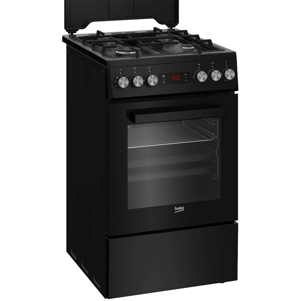 Un fornello a gas nero con quattro fuochi, un forno e un display digitale.