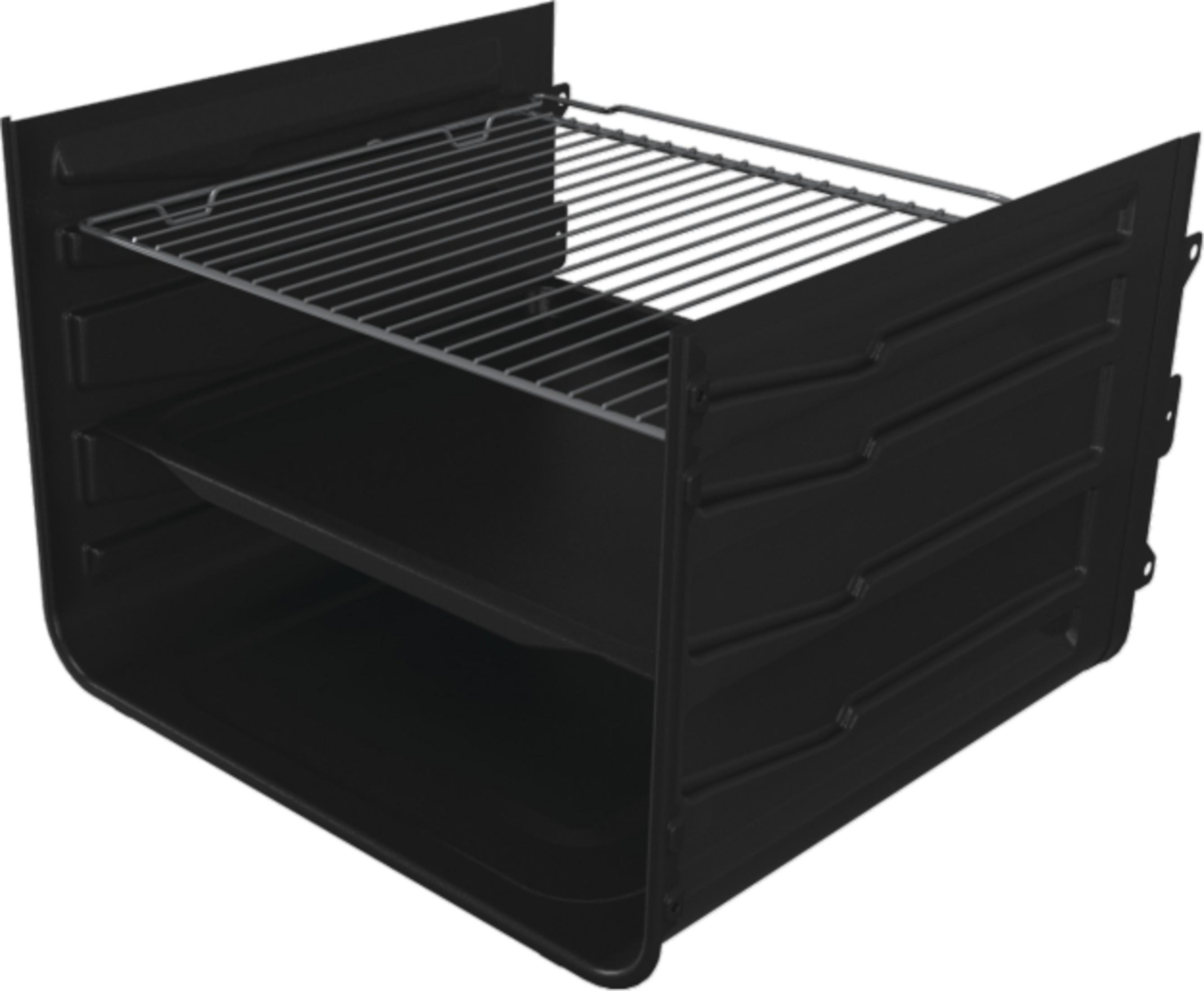 Czarny grill z dwoma półkami i panelami bocznymi. Pusty.