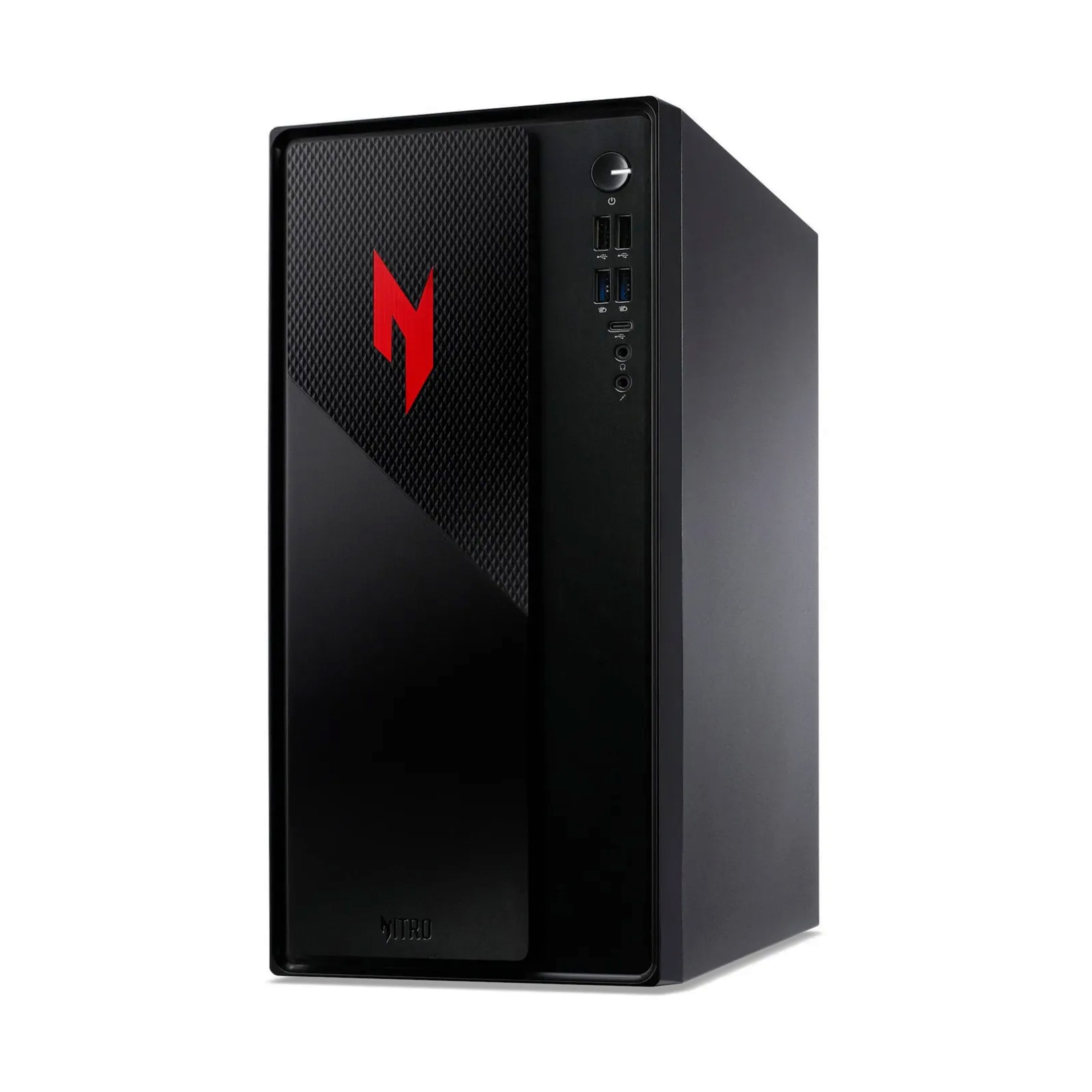 Ein schwarzes Gaming-PC-Gehäuse mit rotem Logo und Anschlüssen.