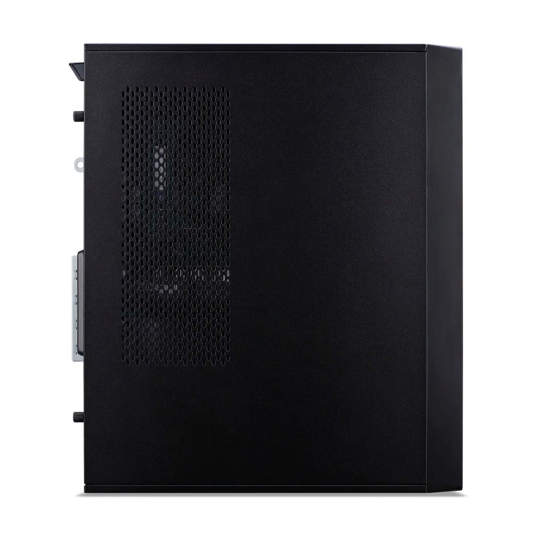 Schwarzes Computergehäuse von der Seite, mit Lüftungsgitter.