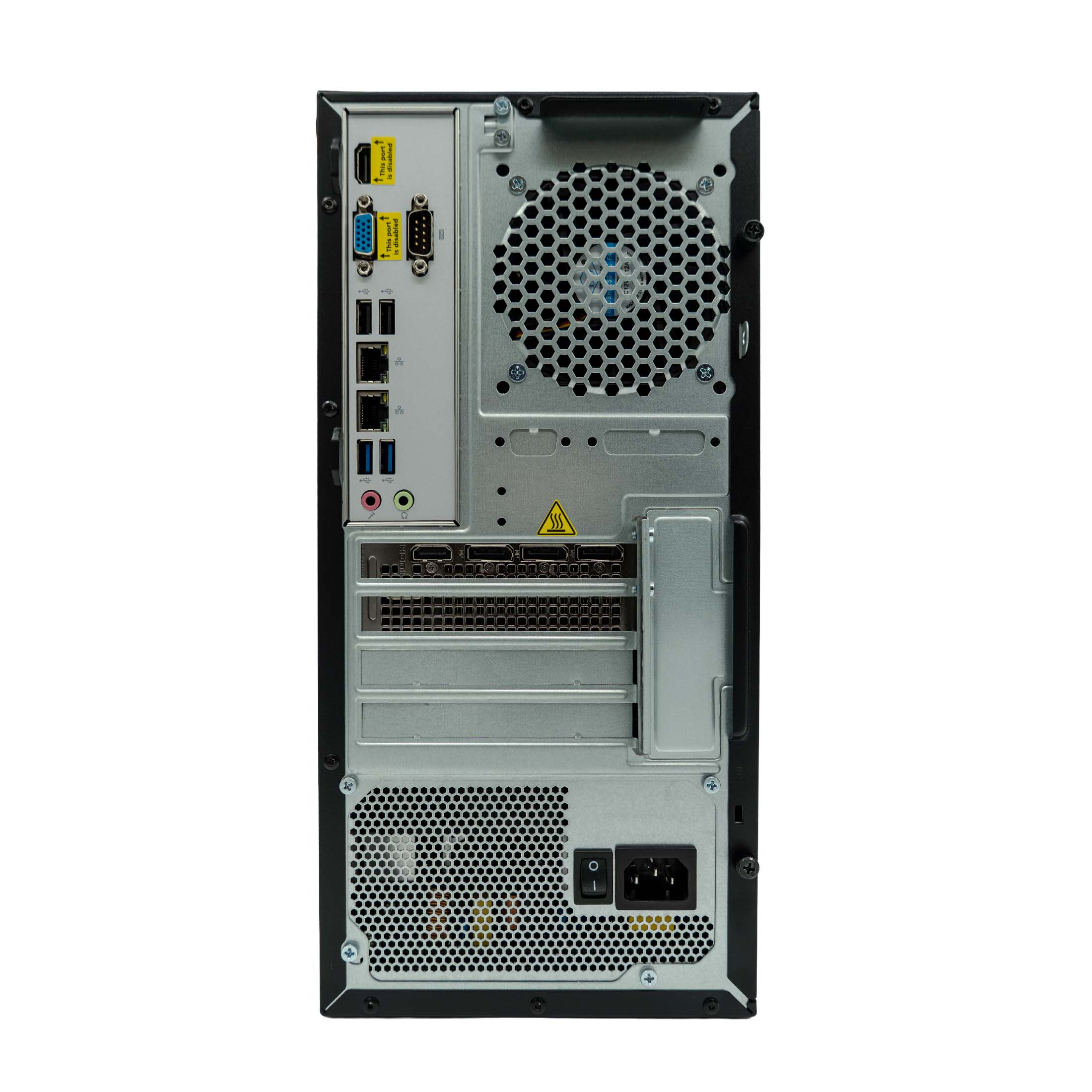 Rückseite eines PCs mit Anschlüssen: VGA, USB, Audio, HDMI, Lüfter und Netzschalter.