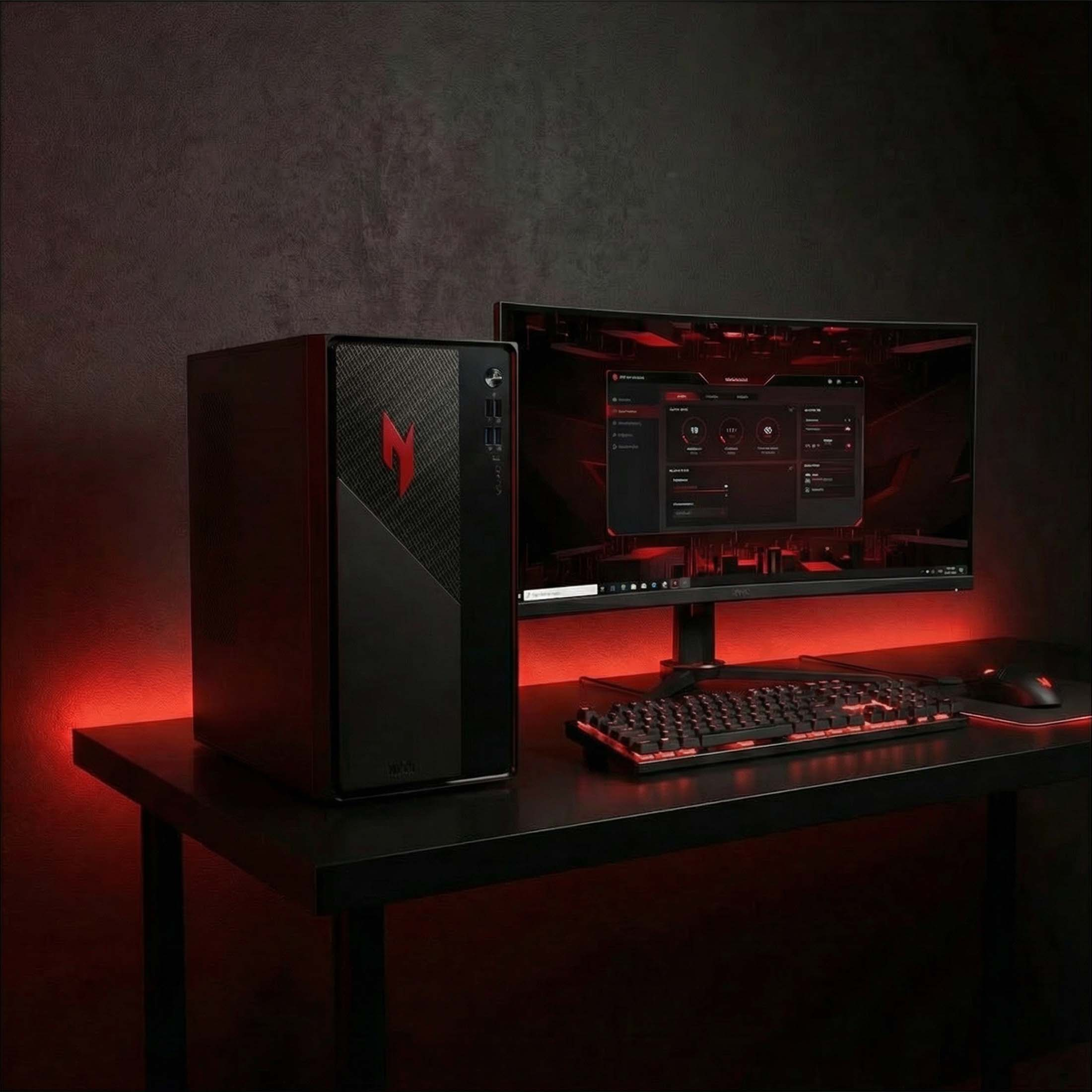 Schwarzer Gaming-PC mit roter Beleuchtung, Tastatur und Maus auf einem Schreibtisch.