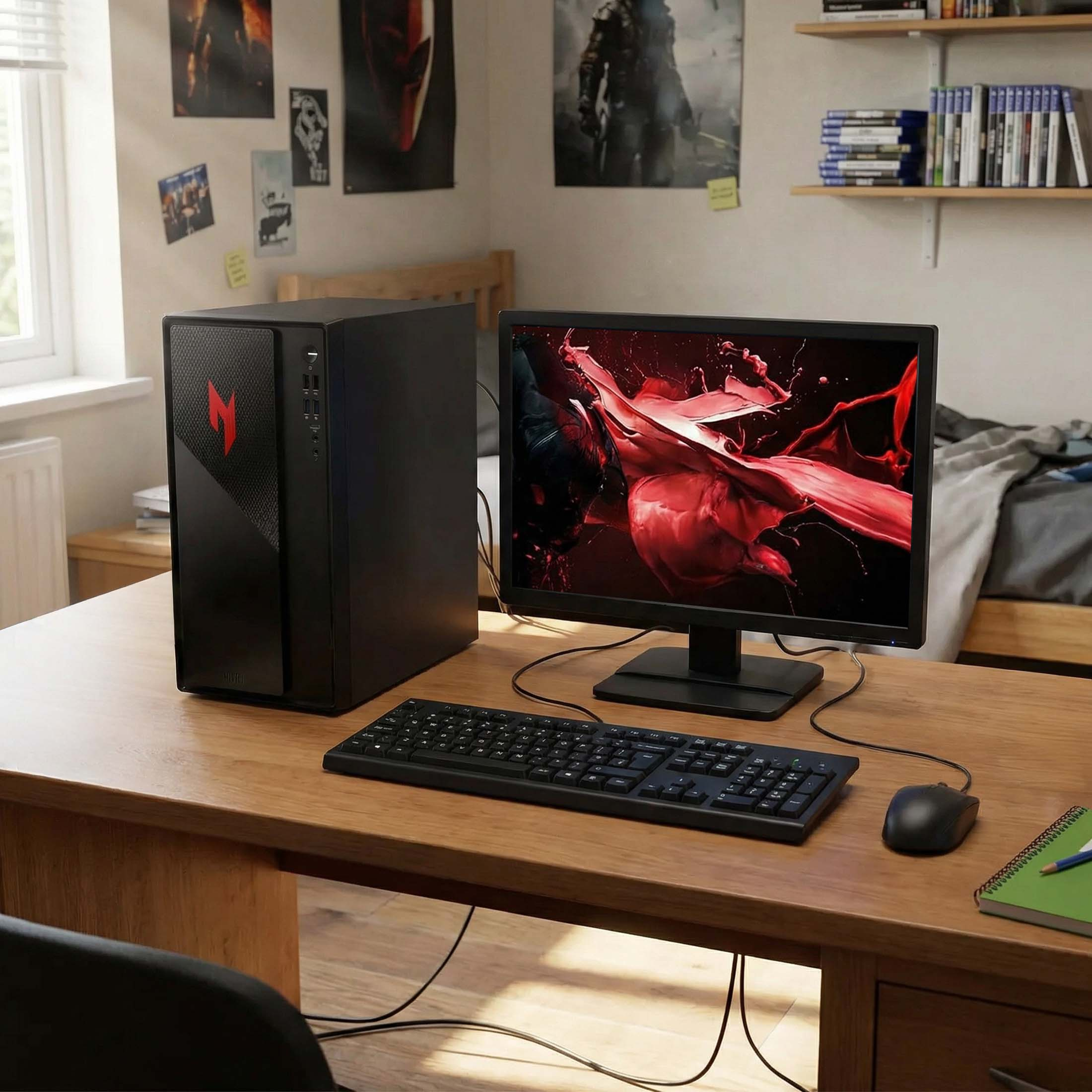 Ein schwarzer PC, Monitor mit roter Grafik, Tastatur und Maus auf einem Holztisch.