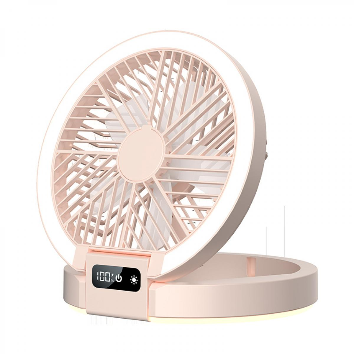 Ein rosafarbener Ventilator mit LED-Ring und digitaler Anzeige.