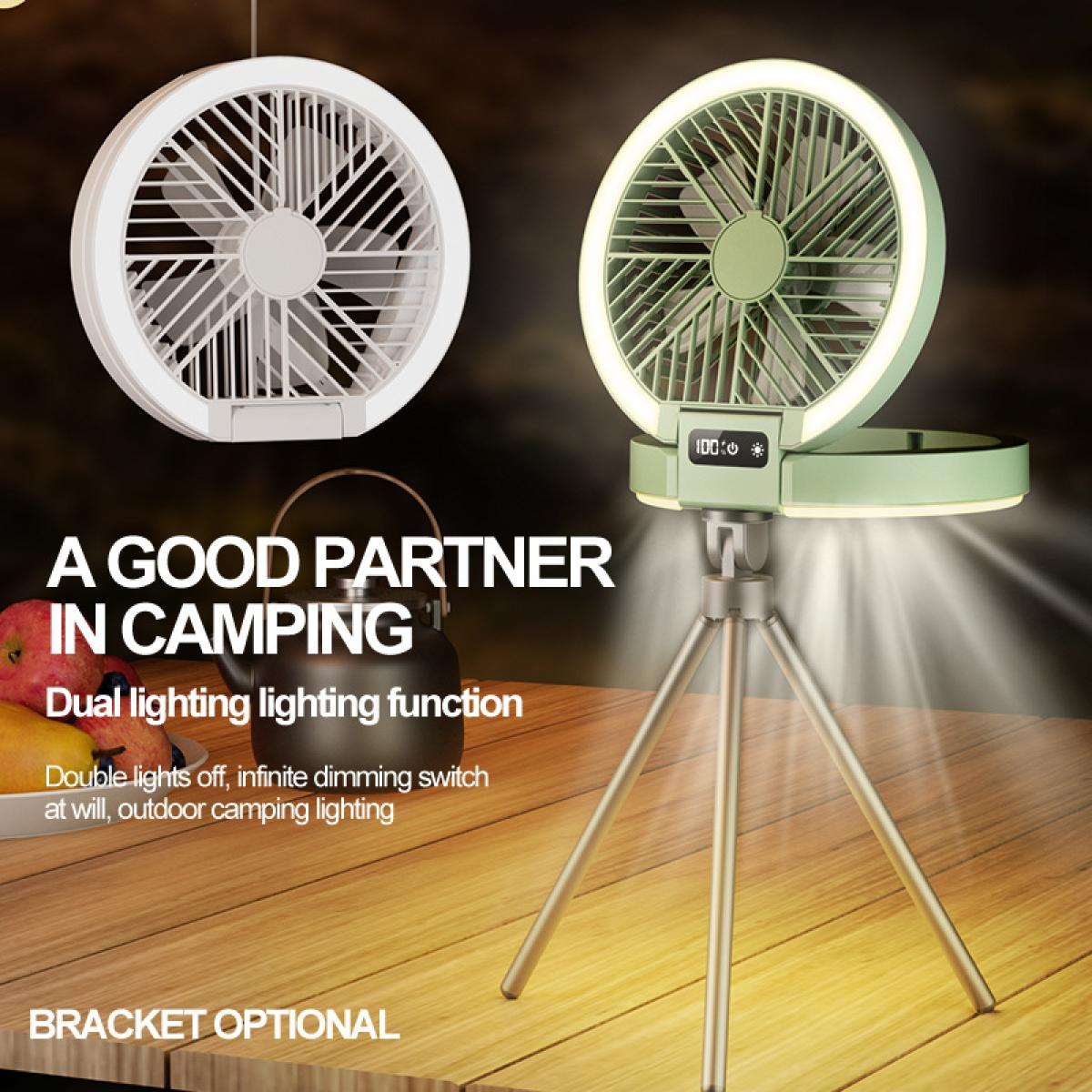 Zwei tragbare Ventilatoren, einer weiß hängend, einer grün auf Stativ mit Licht. Text: Ein guter Partner.