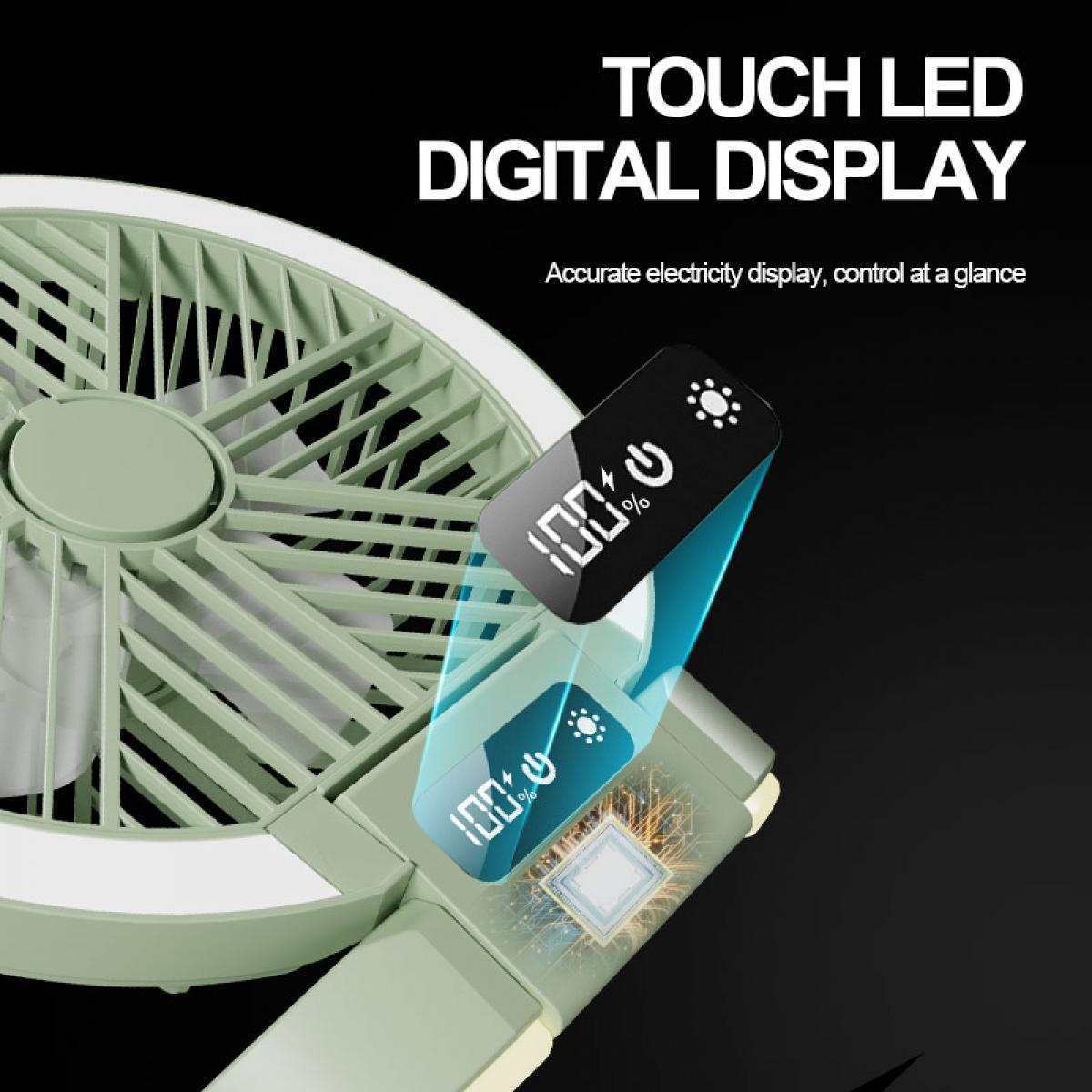 Ein grüner Ventilator mit einem digitalen Touchscreen, der 100% anzeigt.