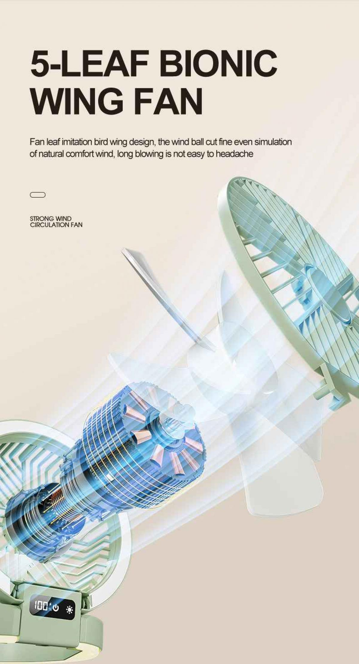 Nahaufnahme eines 5-Blatt-Bionic-Wing-Ventilatormotors mit blauer Beleuchtung.