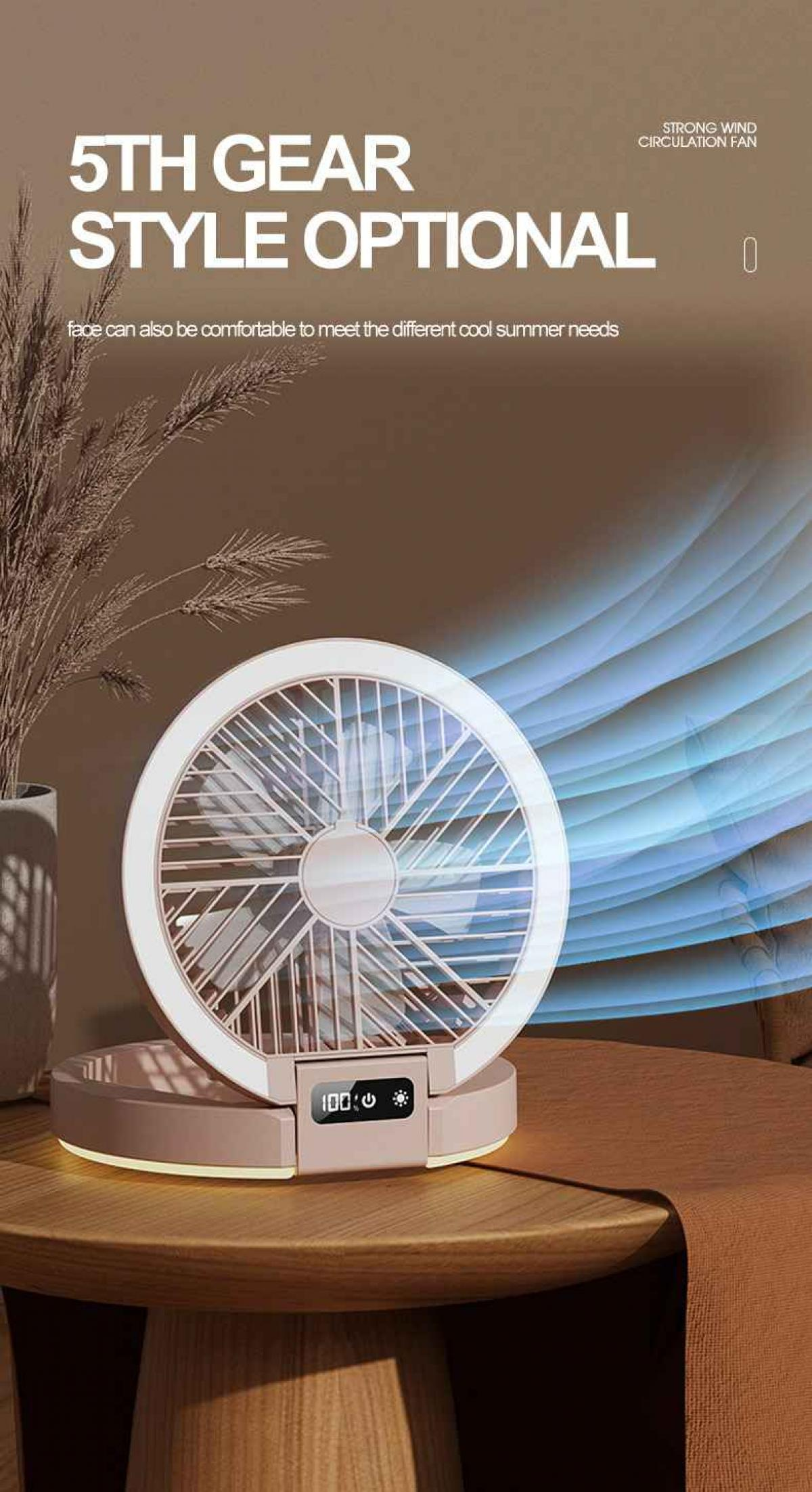 Ein weißer Ventilator mit LED-Ring steht auf einem Holztisch, mit Pflanzen im Hintergrund.