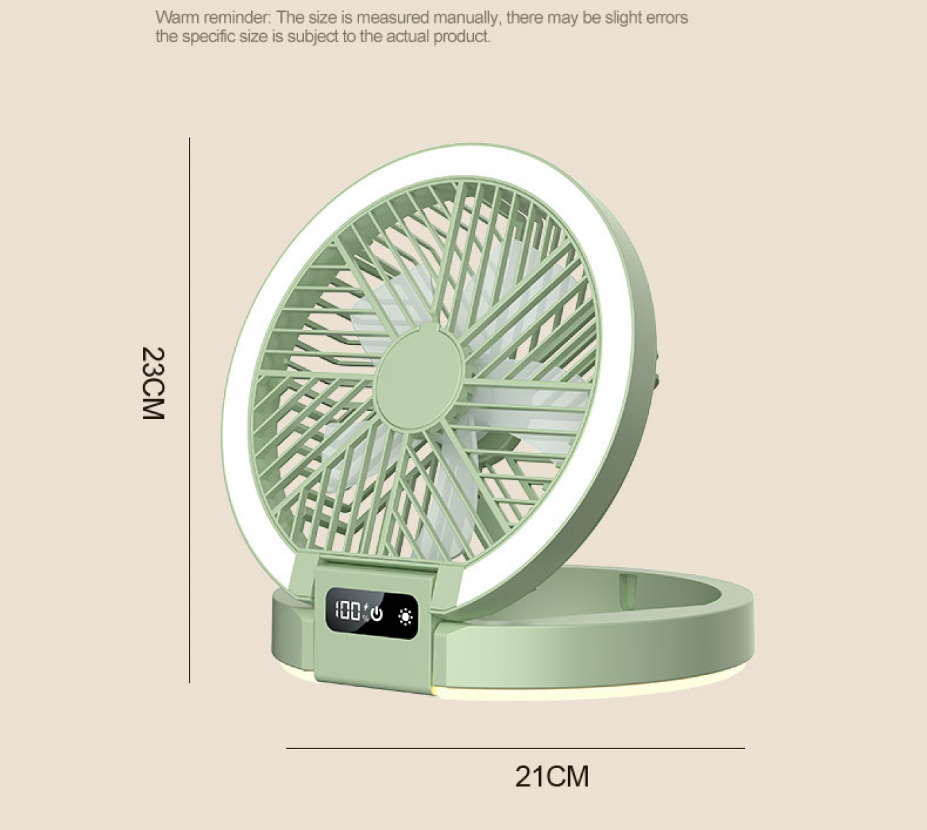 Ein grüner, tragbarer Ventilator mit LED-Ringlicht und Digitalanzeige.