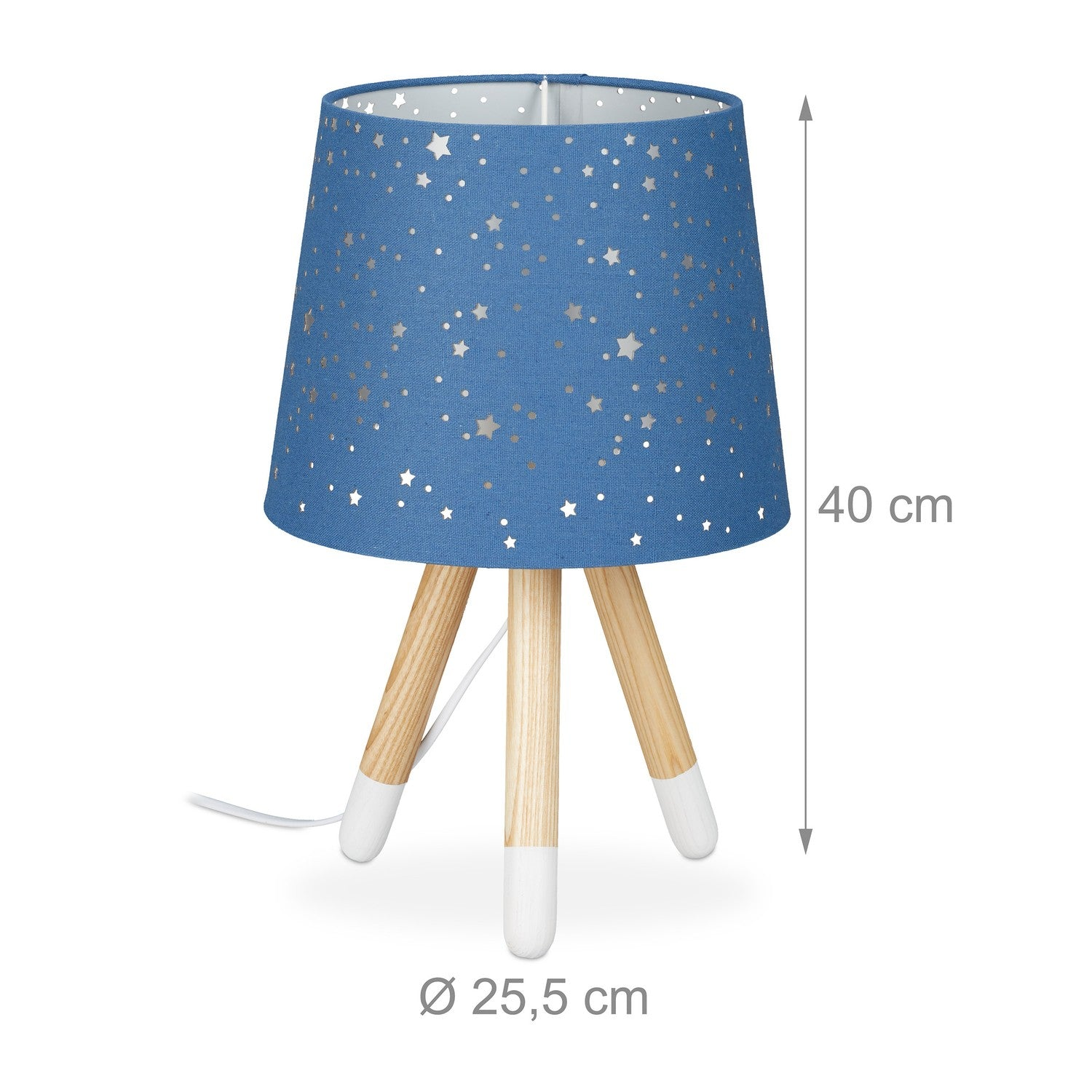 Lámpara azul con estrellas, patas de madera. Al:40cm, An:25,5cm.