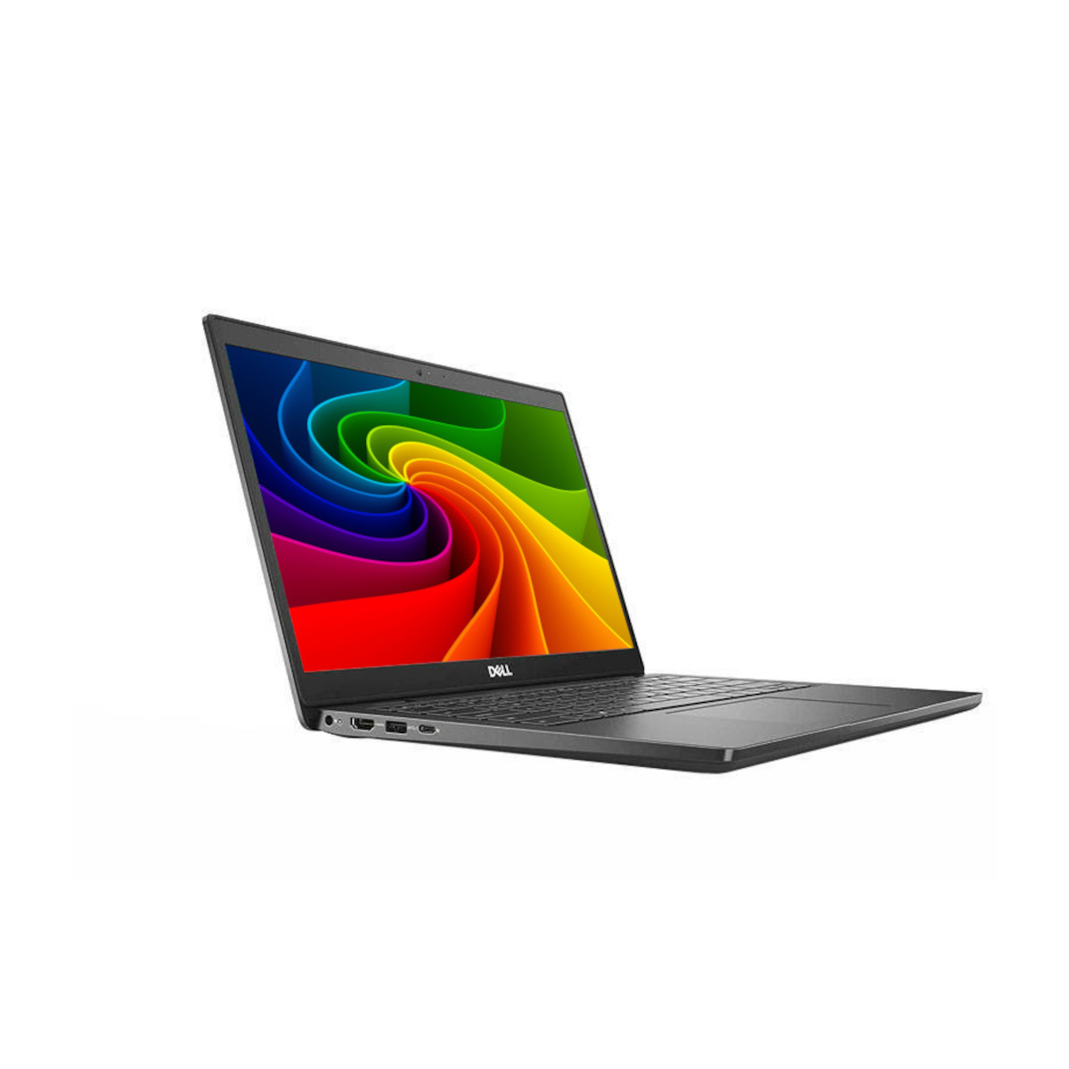 Ein geöffneter schwarzer Dell Laptop mit einem bunten, wirbelnden Muster auf dem Bildschirm.