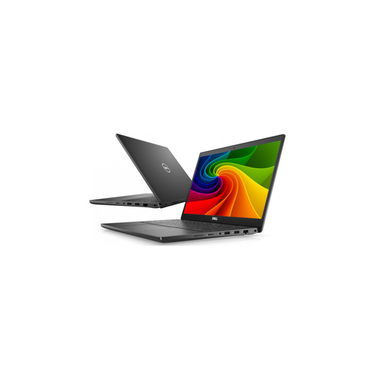 Zwei schwarze Dell-Laptops, einer geöffnet mit bunten Muster, einer geschlossen.