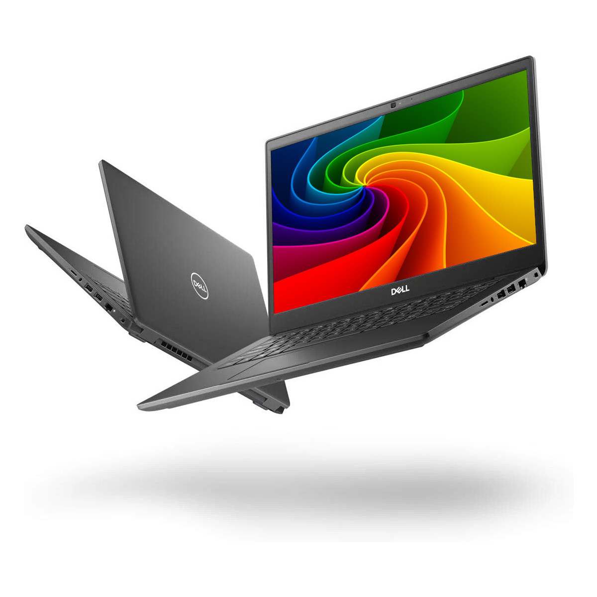 Zwei graue Dell-Laptops schweben vor weißem Hintergrund, einer mit buntem Regenbogen-Bildschirm.