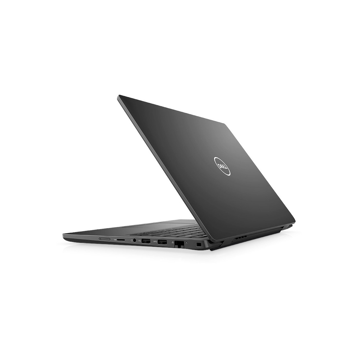 Ein geschlossener, dunkler Dell Laptop mit silbernem Logo auf dem Deckel.