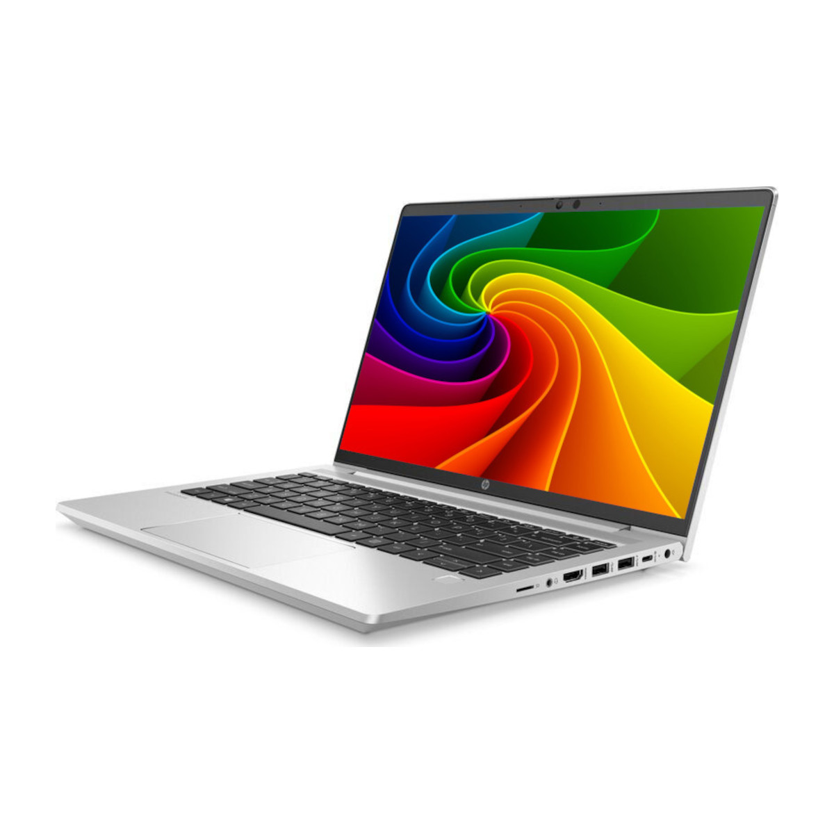 Ein offener silberner Laptop mit einem farbenfrohen, wirbelnden Hintergrundbild auf dem Bildschirm.