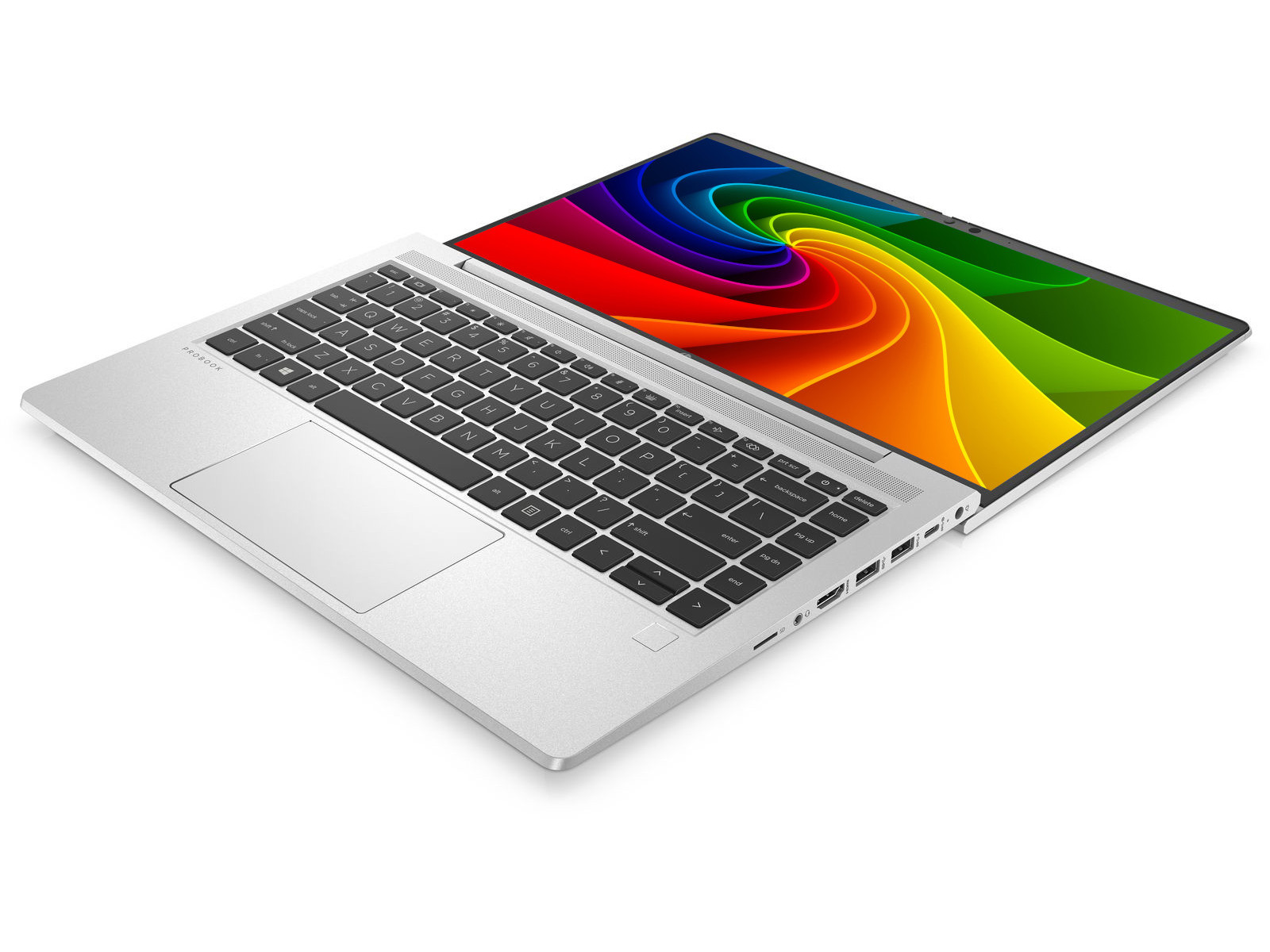 Ein silberner Laptop mit Tastatur und bunter Bildschirmsperre.