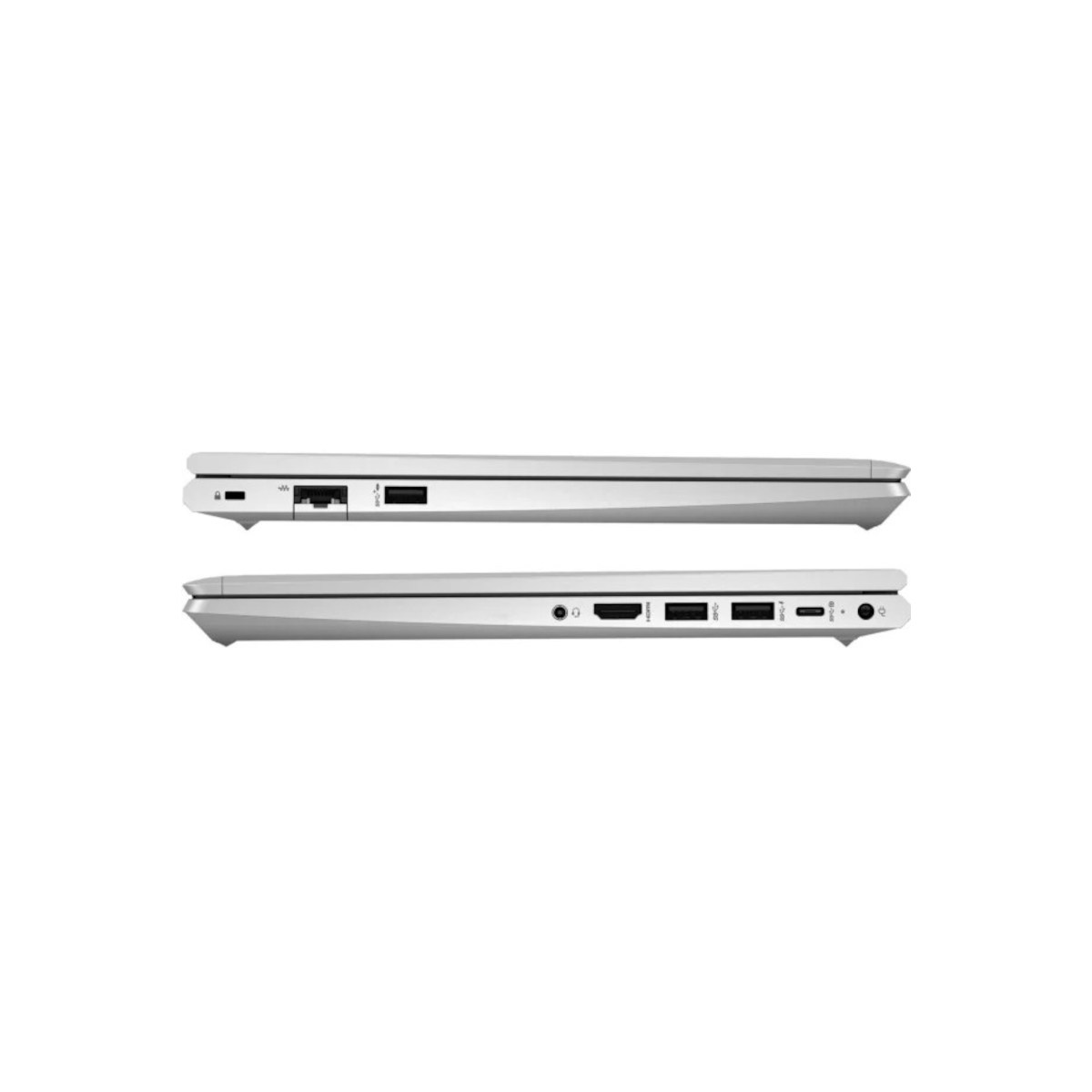 Silberner Laptop-Seite mit Anschlüssen: USB, Ethernet, HDMI, USB-C.