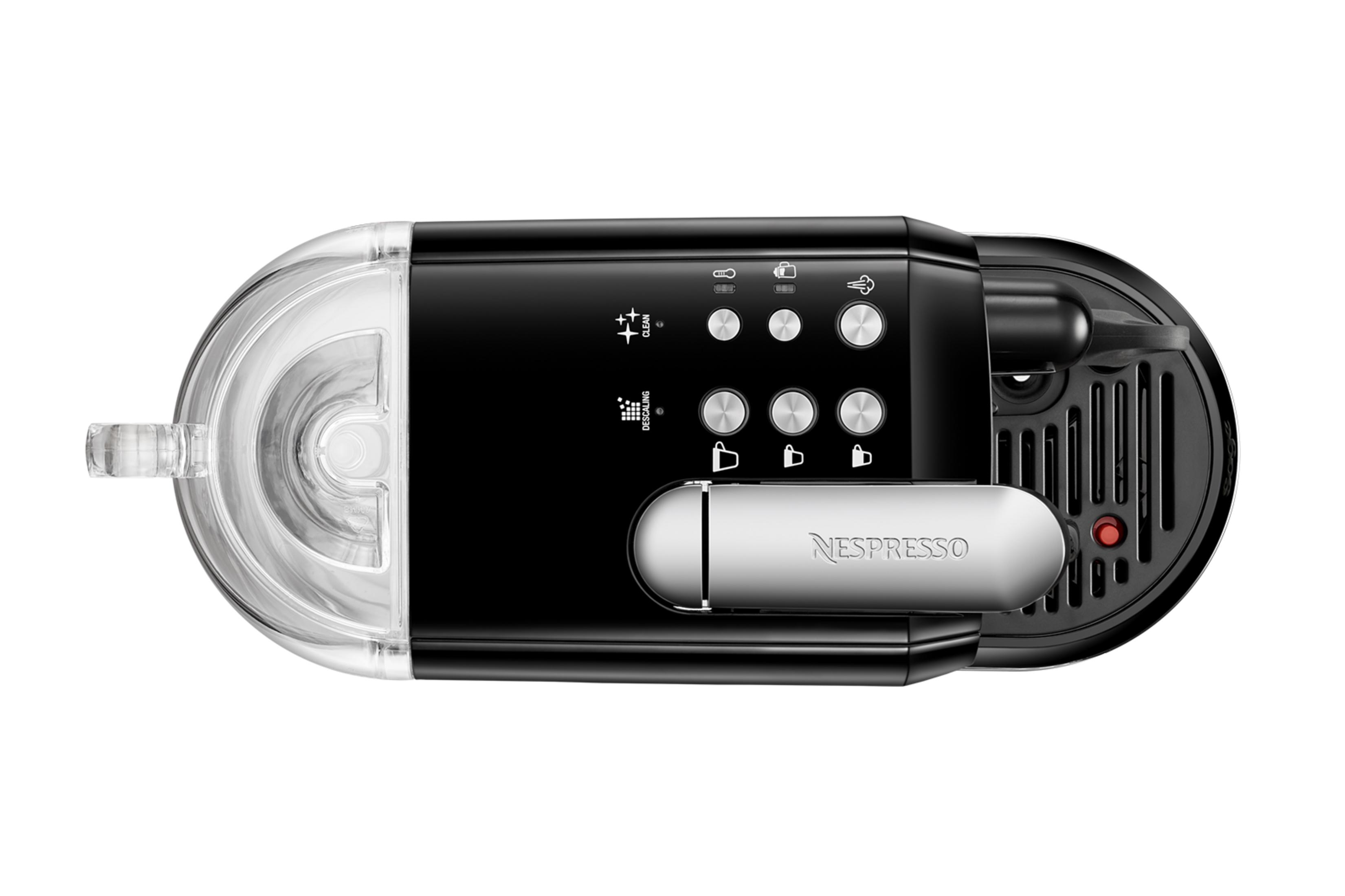 Schwarze Nespresso-Kaffeemaschine mit transparentem Wassertank und silbernem Hebel.