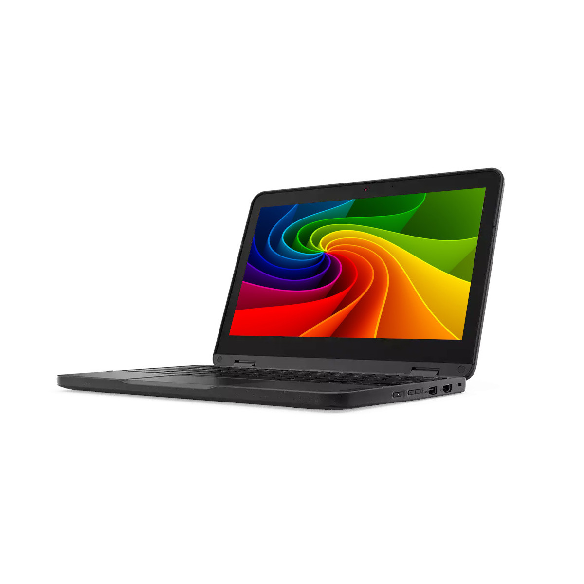 Schwarzer Laptop mit Regenbogen-Hintergrund auf dem Bildschirm.