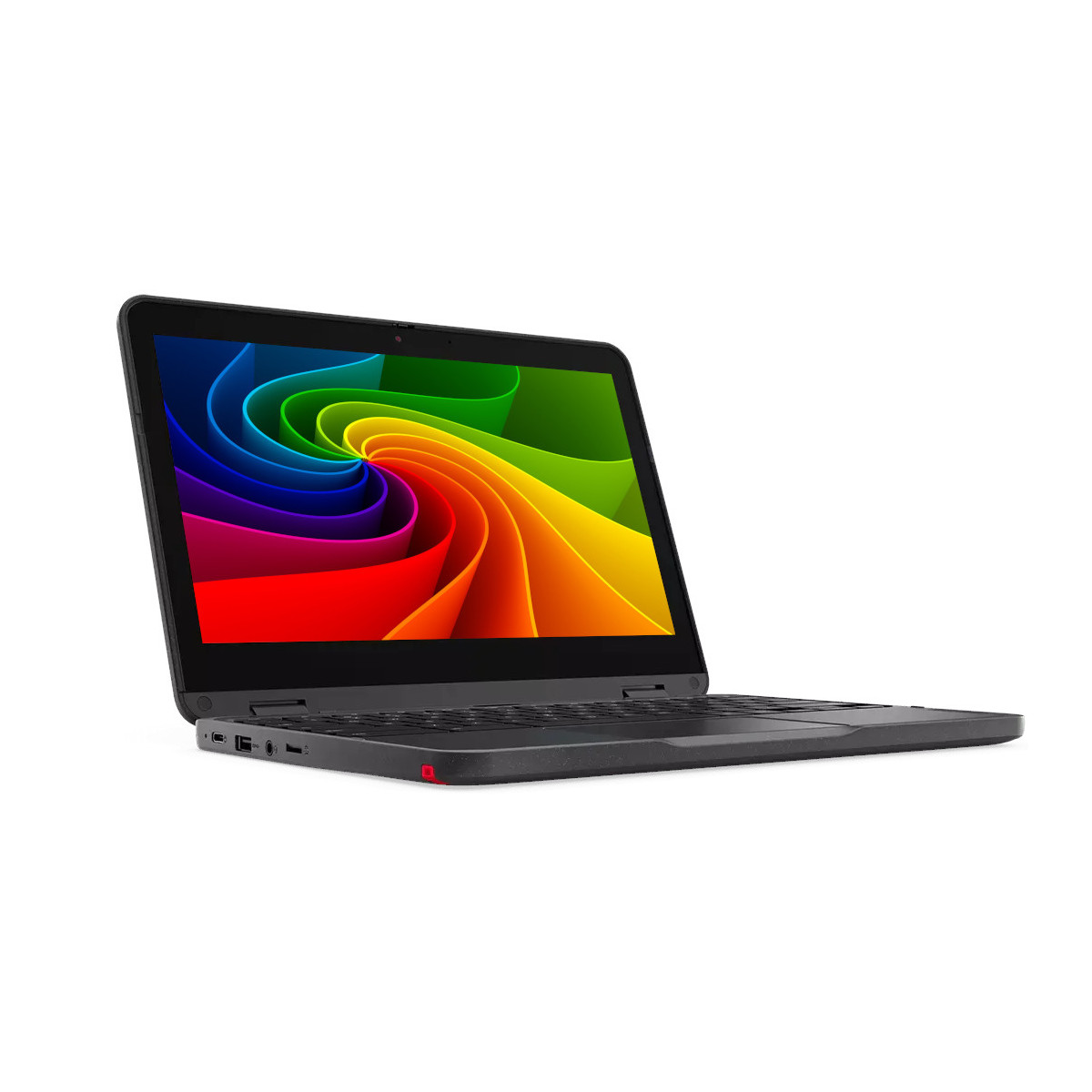 Ein schwarzer Laptop mit einem bunten Regenbogen-Hintergrundbild auf dem Bildschirm.