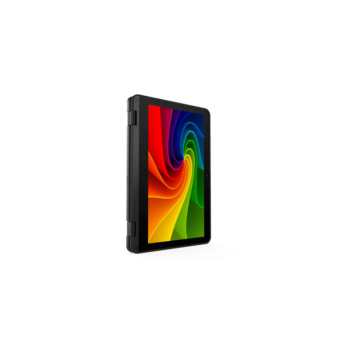 Ein schwarzes Tablet mit einem bunten Wirbelmuster auf dem Bildschirm.