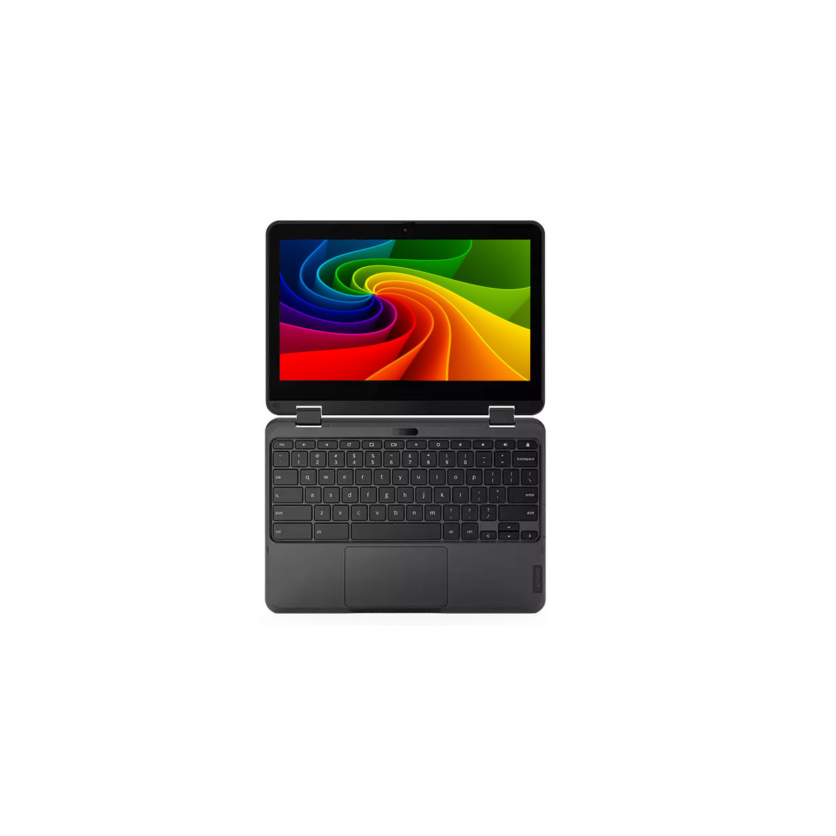 Ein geöffneter Laptop mit einem bunten Hintergrund auf dem Bildschirm und einer Tastatur.