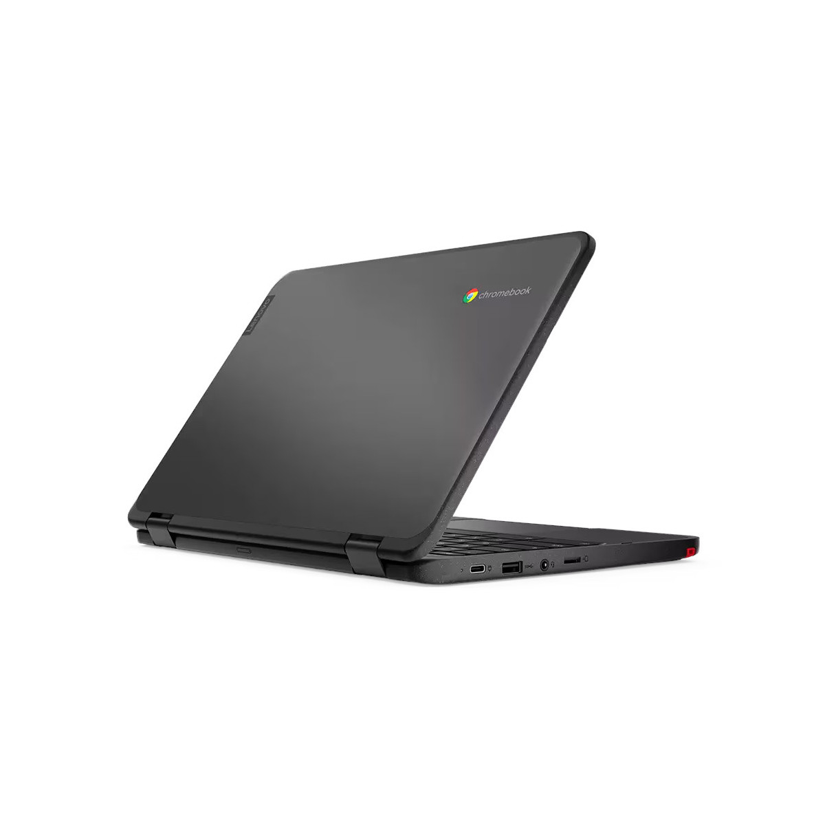Ein geschlossener grauer Chromebook-Laptop mit Lenovo-Logo und Chromebook-Schriftzug.