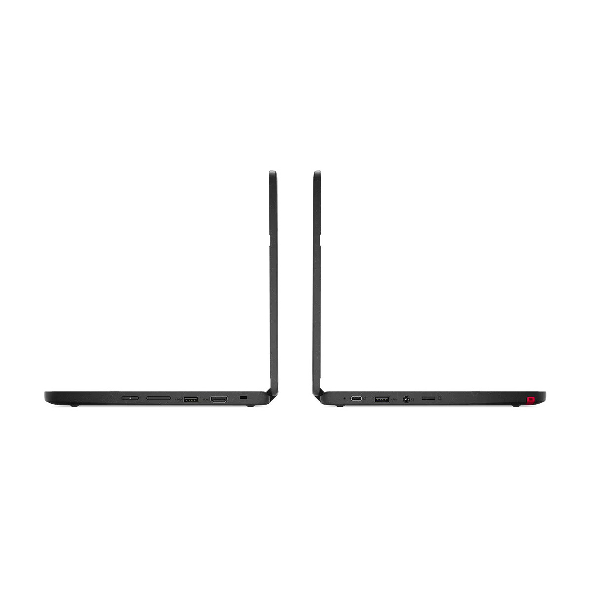 Zwei schwarze Laptops, von der Seite mit Anschlüssen gezeigt.