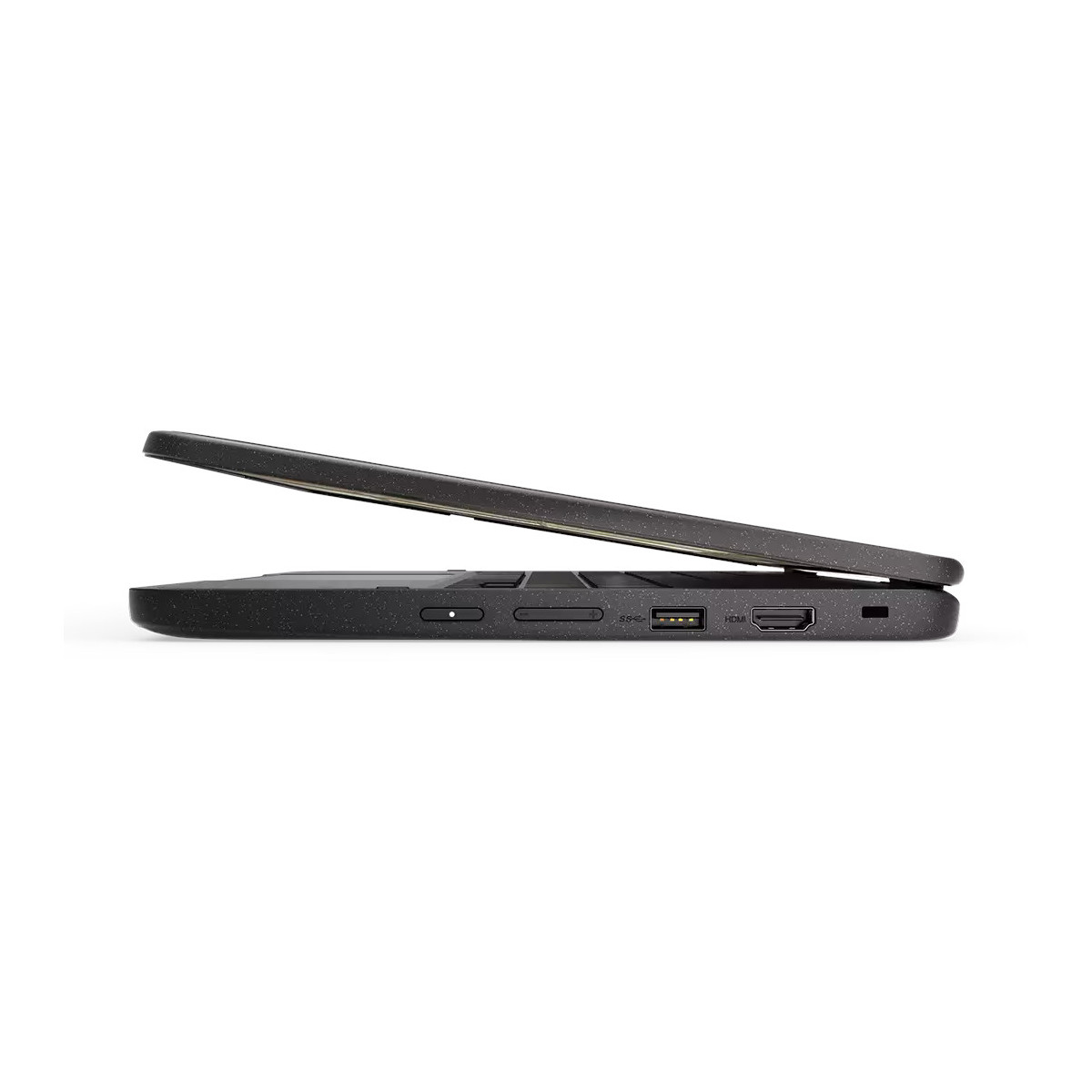 Laptop mit geöffnetem Bildschirm und sichtbaren Anschlüssen wie USB und HDMI.