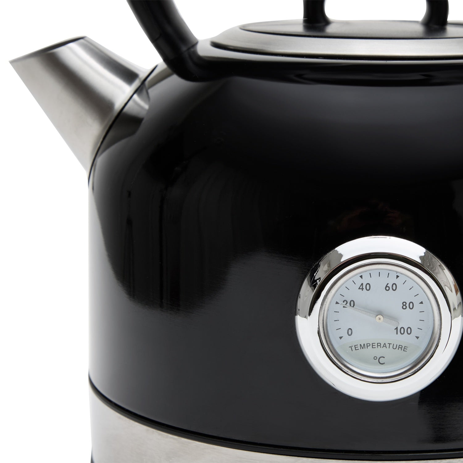 Zwarte waterkoker met thermometer die 20 graden Celsius aangeeft.