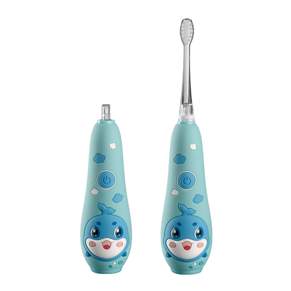 Dwa turkusowe szczoteczki dla dzieci z motywem wieloryba.