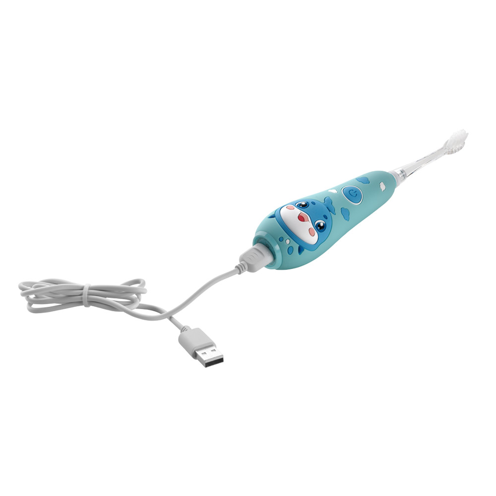 Jasnoniebieska szczoteczka elektryczna z zabawnym motywem wieloryba i kablem USB.