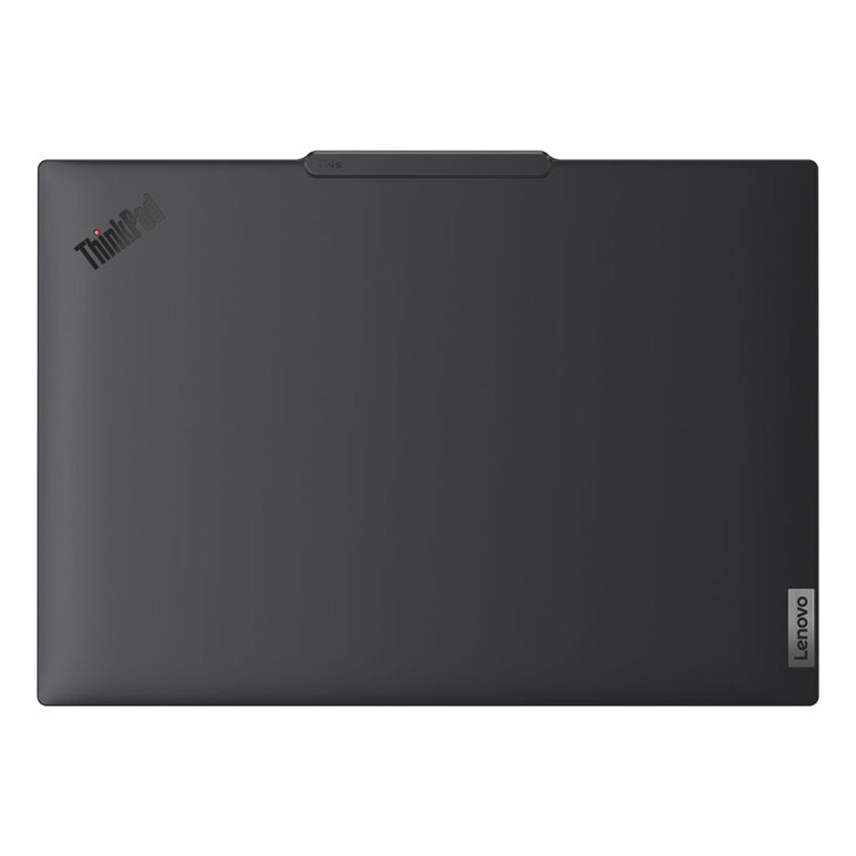 Zamknięty, ciemny laptop z logo ThinkPad i Lenovo.
