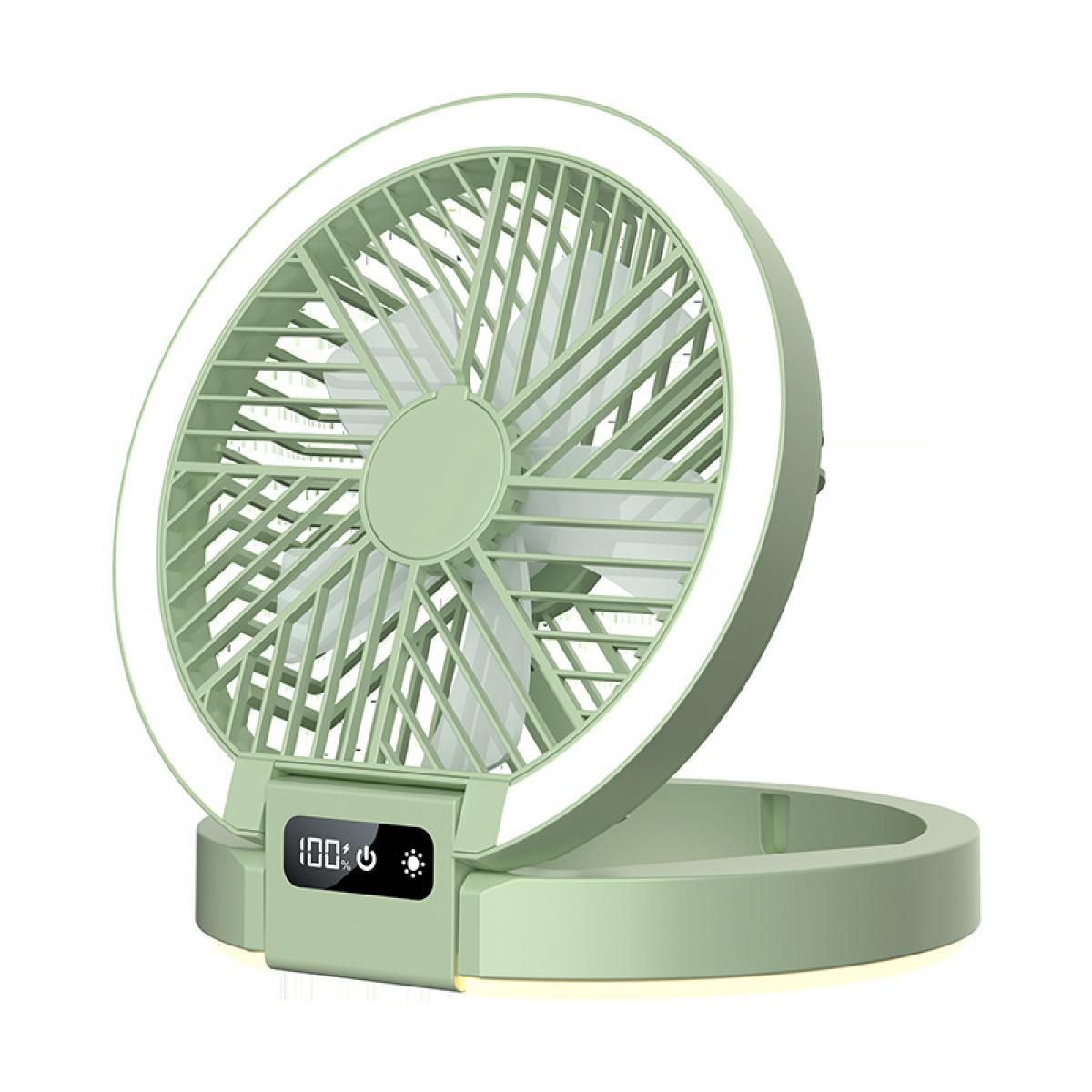 Ein grüner Ventilator mit Ringlicht und Digitalanzeige steht auf einer Basis.