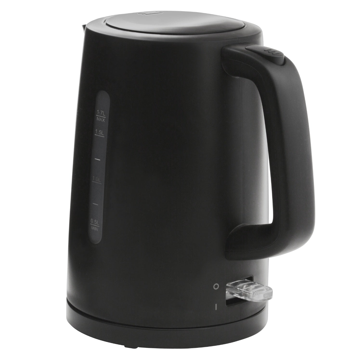 Black electric kettle with handle and water level indicator, with switch.