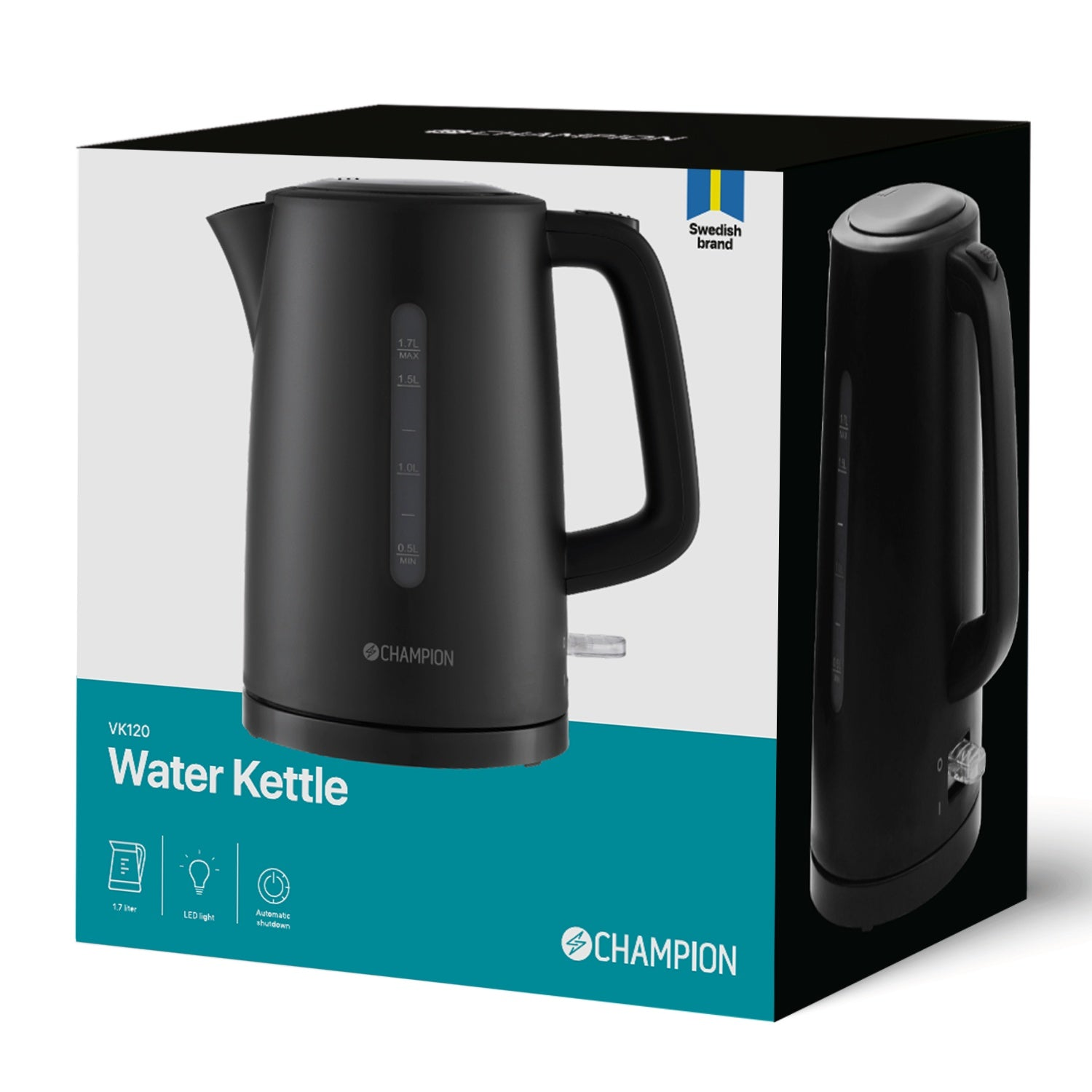 Black water kettle with scale, handle, and Swedish flag logo. Capacity 1.7L.