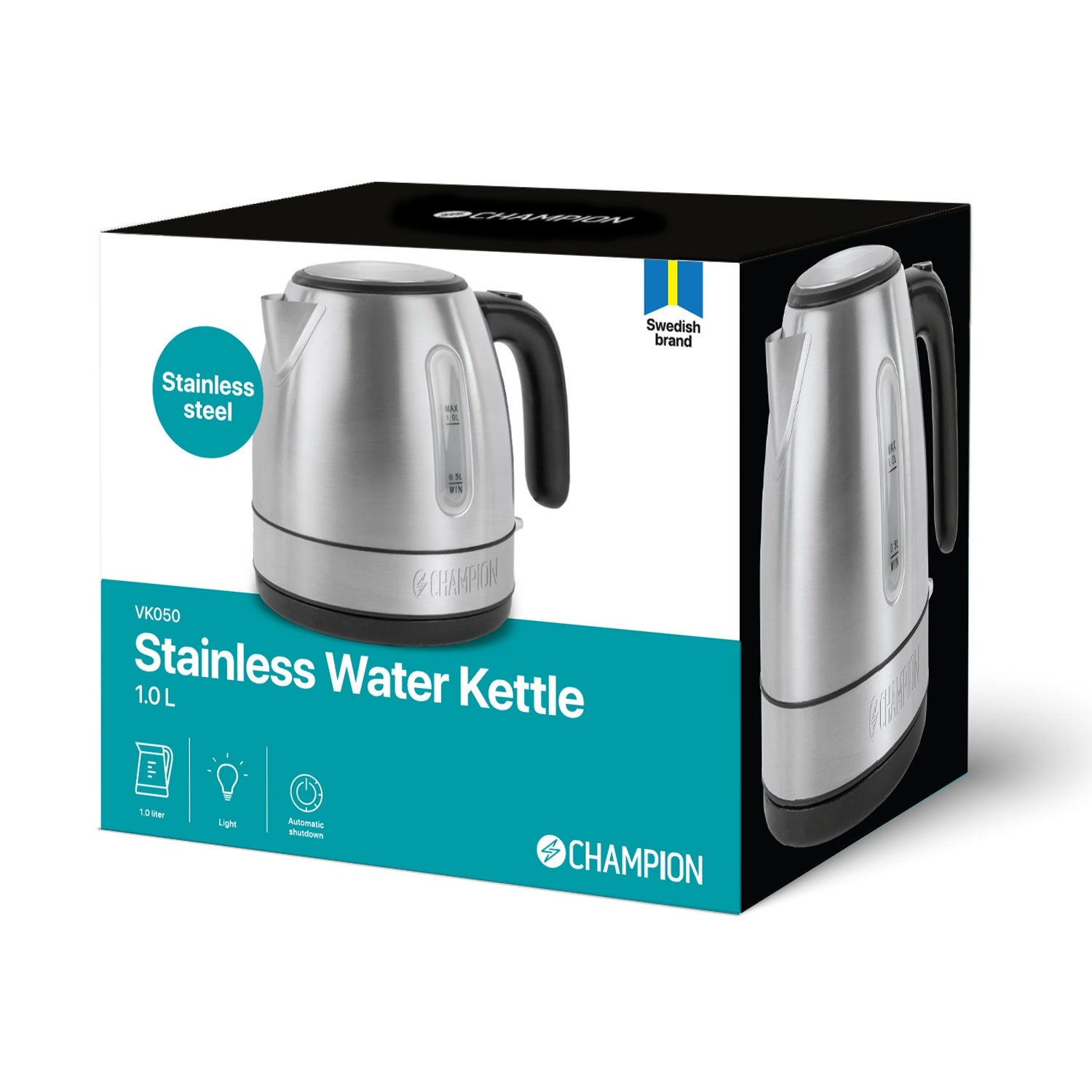 Roestvrijstalen waterkoker, 1,0 L, met "Swedish brand" logo en "Champion" tekst.