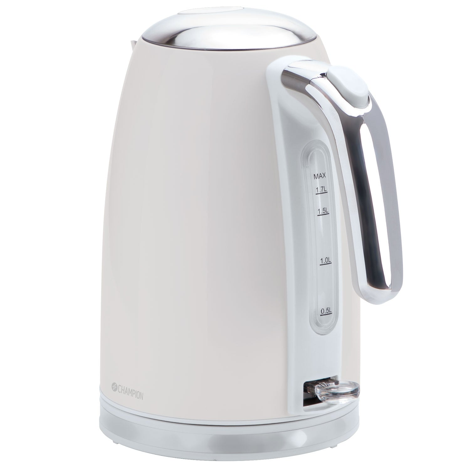 Een crèmekleurige waterkoker met chroom handvat en deksel. Waterniveau-indicatoren zijn zichtbaar.