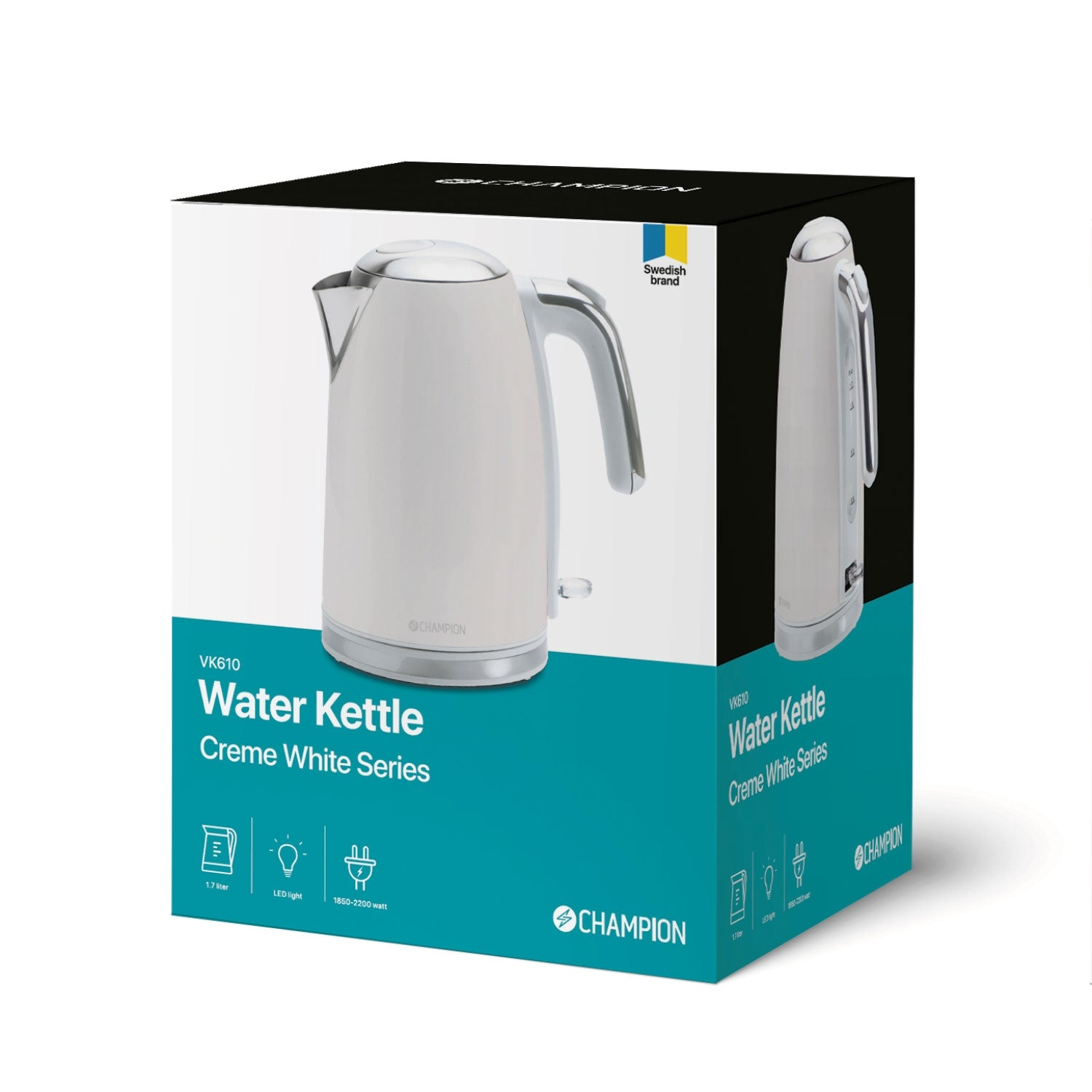 Witte waterkoker verpakking met Champion logo en productafbeeldingen.