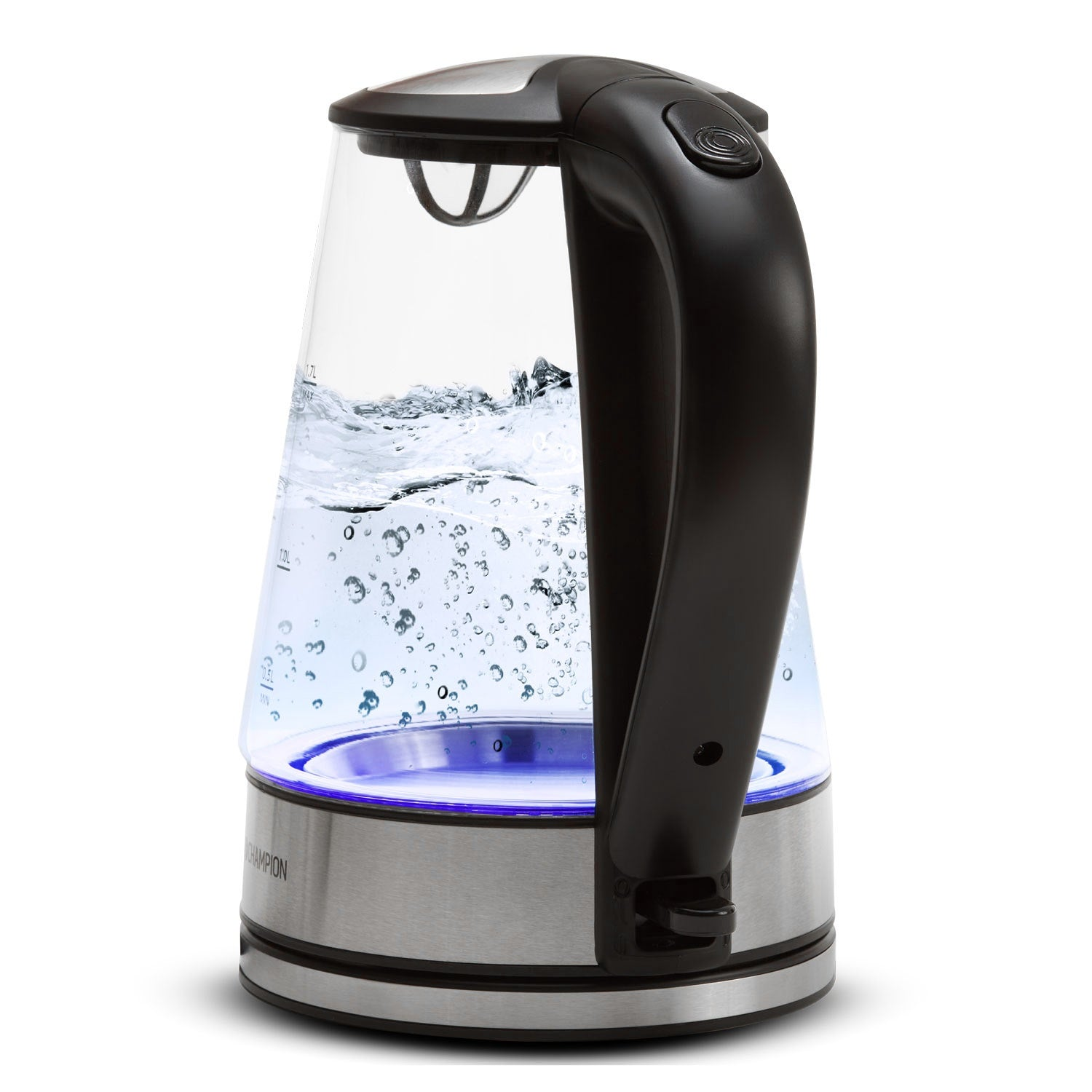 Een doorzichtige waterkoker met blauw licht en kokend water.