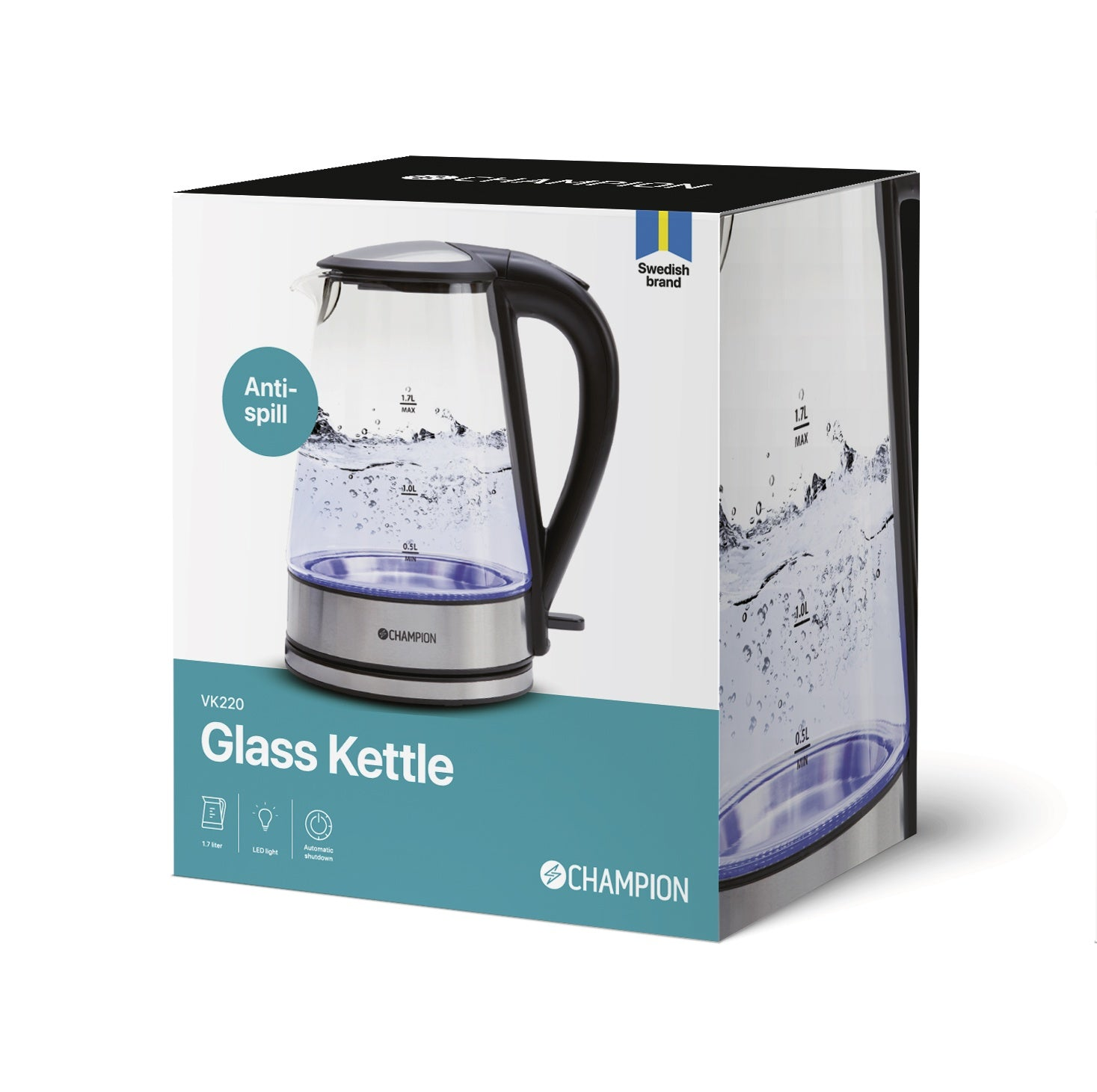 Een glazen waterkoker met zwarte handgreep en blauwe LED-verlichting. "Anti-Spill" op de verpakking.