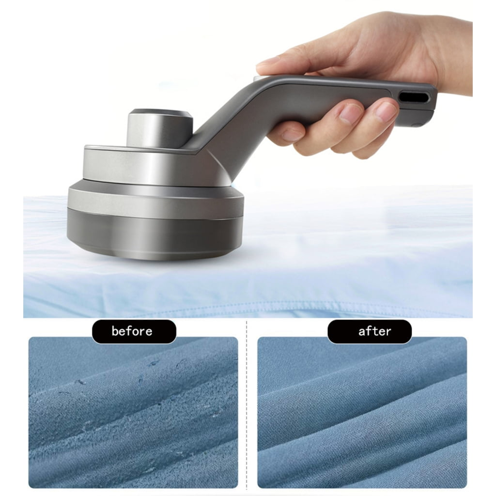 Fusselentferner auf blauem Stoff, Vergleich von Vorher und Nachher.