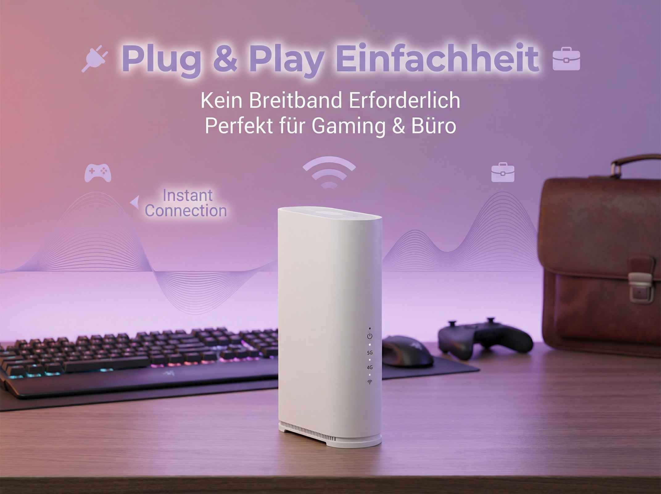 Ein weißer 5G Router steht auf einem Schreibtisch mit Tastatur, Maus und Controller.